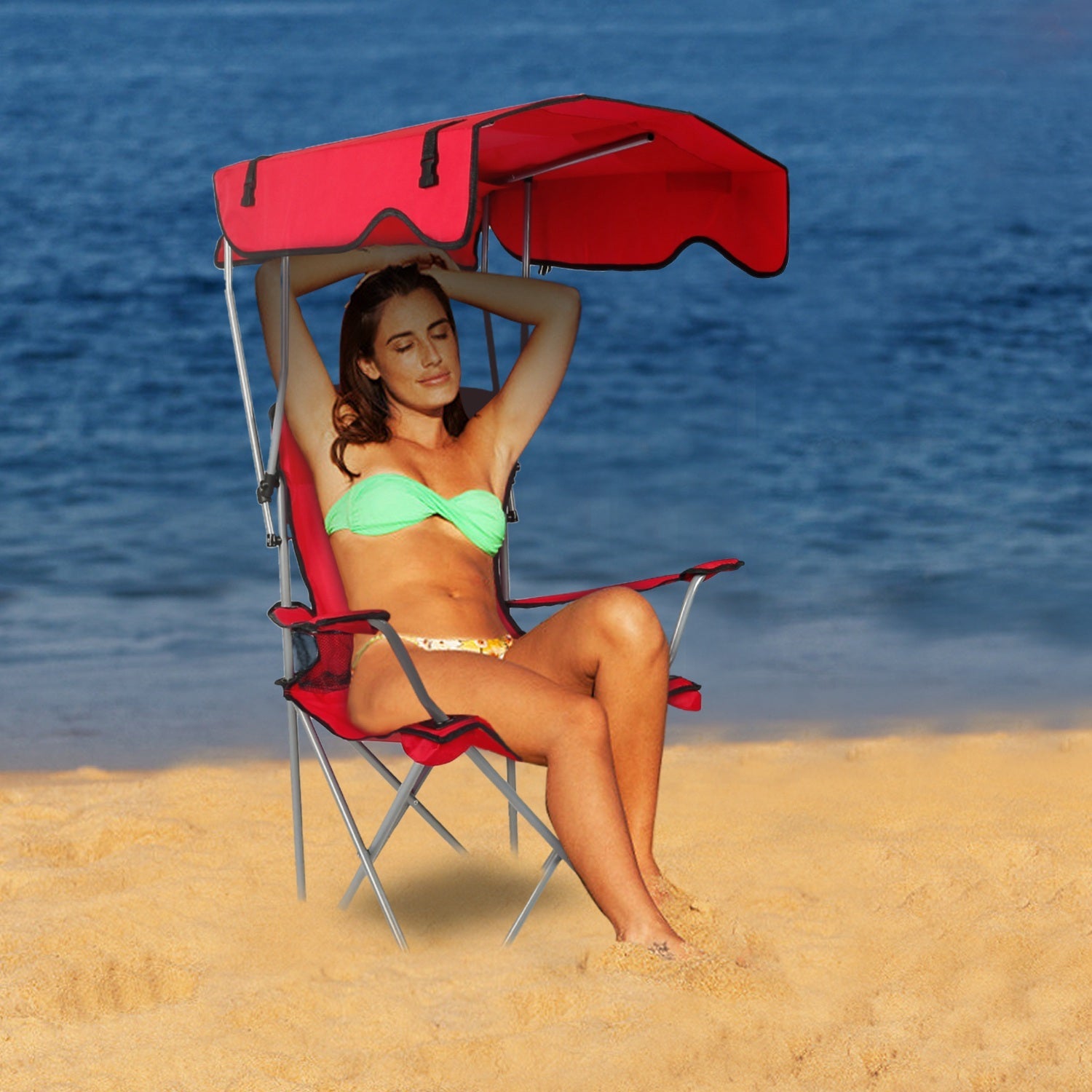 Foldable Beach Canopy Chair with Sun Protection & Cup Holder
