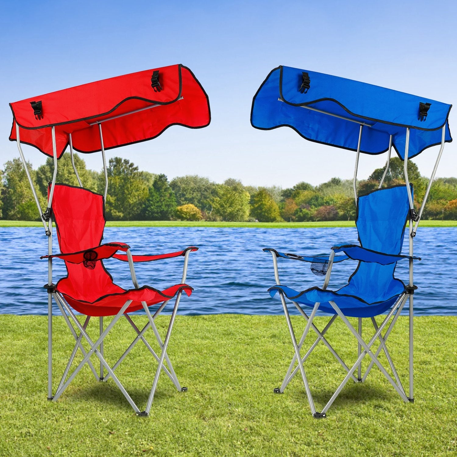 Foldable Beach Canopy Chair with Sun Protection & Cup Holder