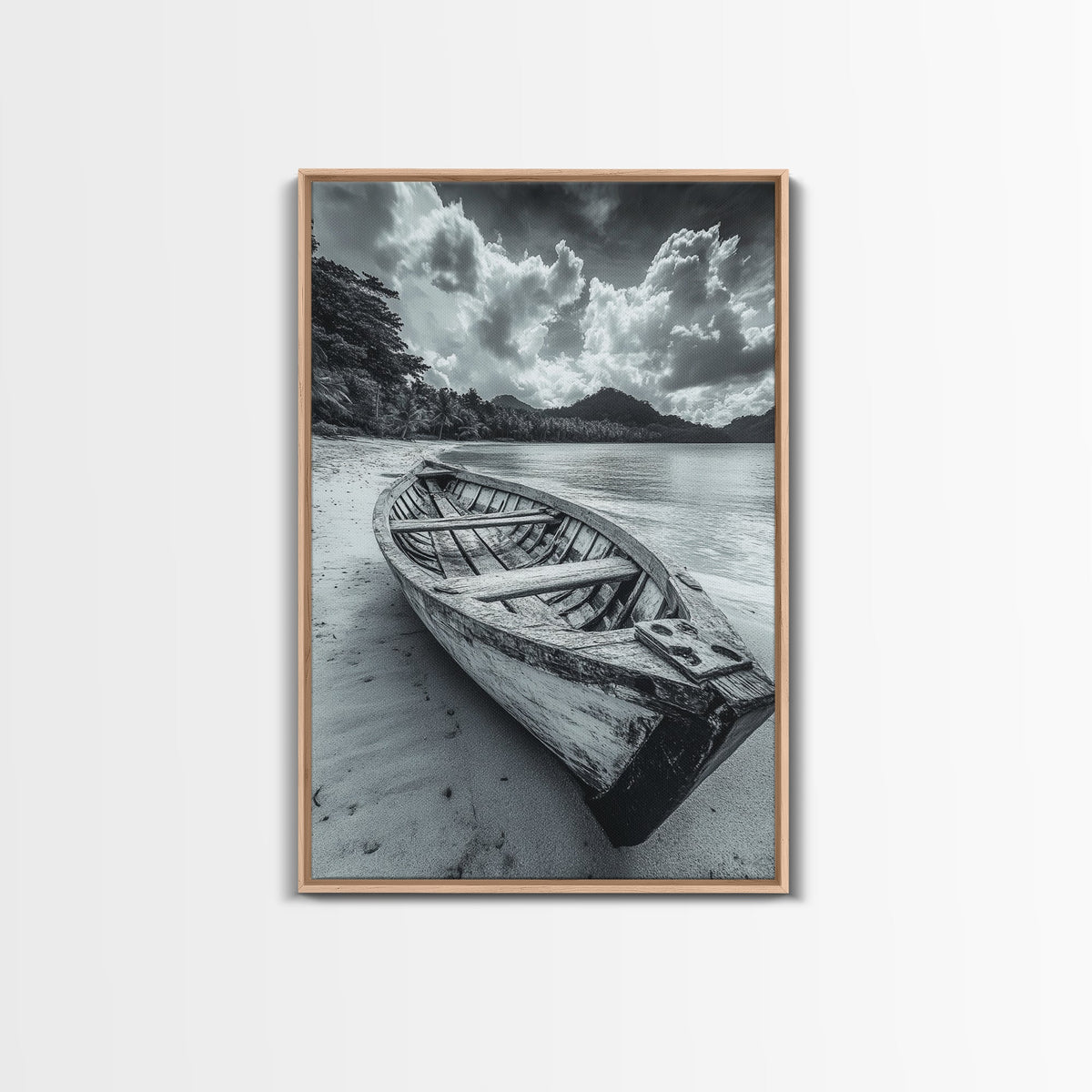 Abandoned Rowboat Coastal Black & White Canvas Print