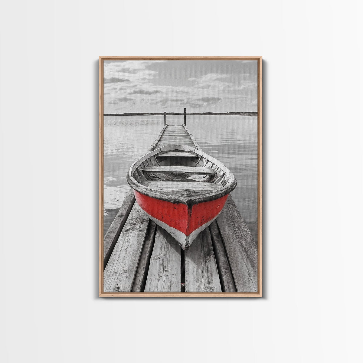 Red Rowboat Dock Minimalist Lake Scene Canvas Print