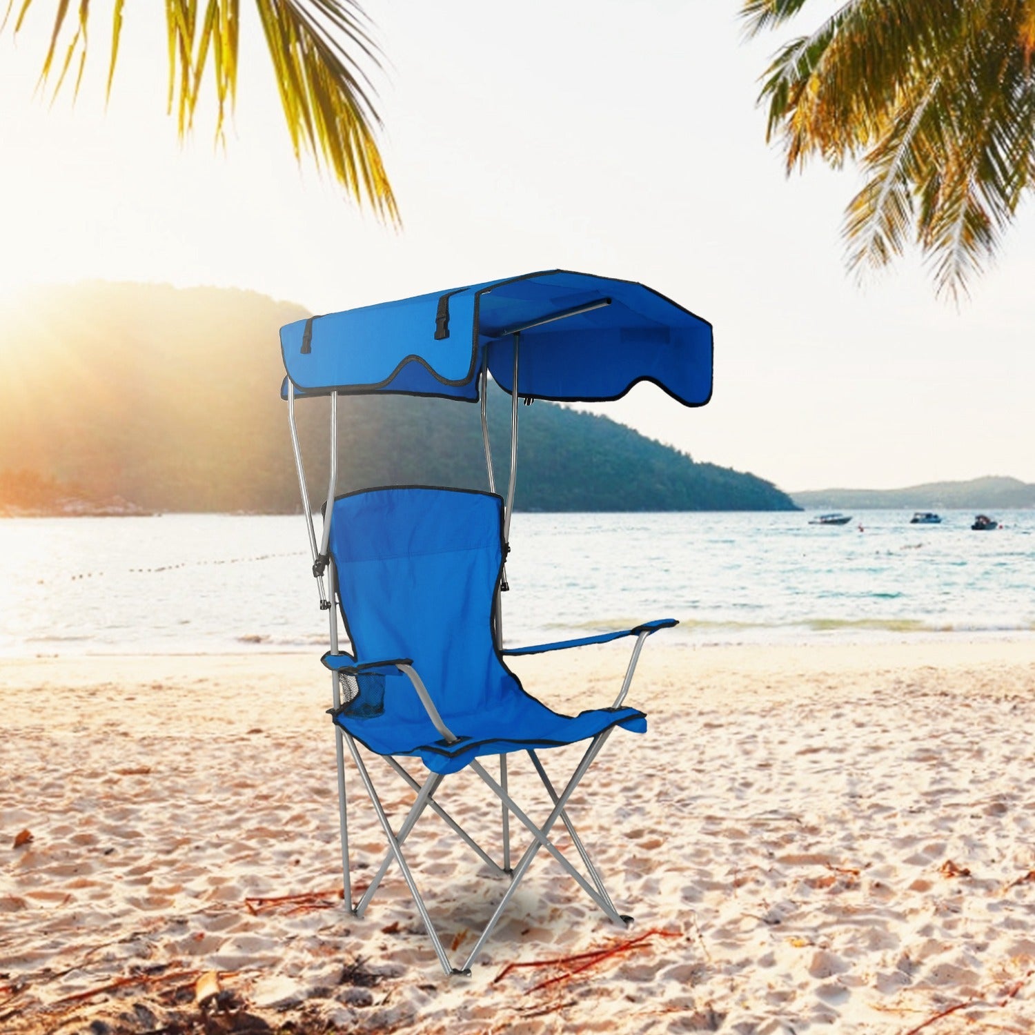 Foldable Beach Canopy Chair with Sun Protection & Cup Holder