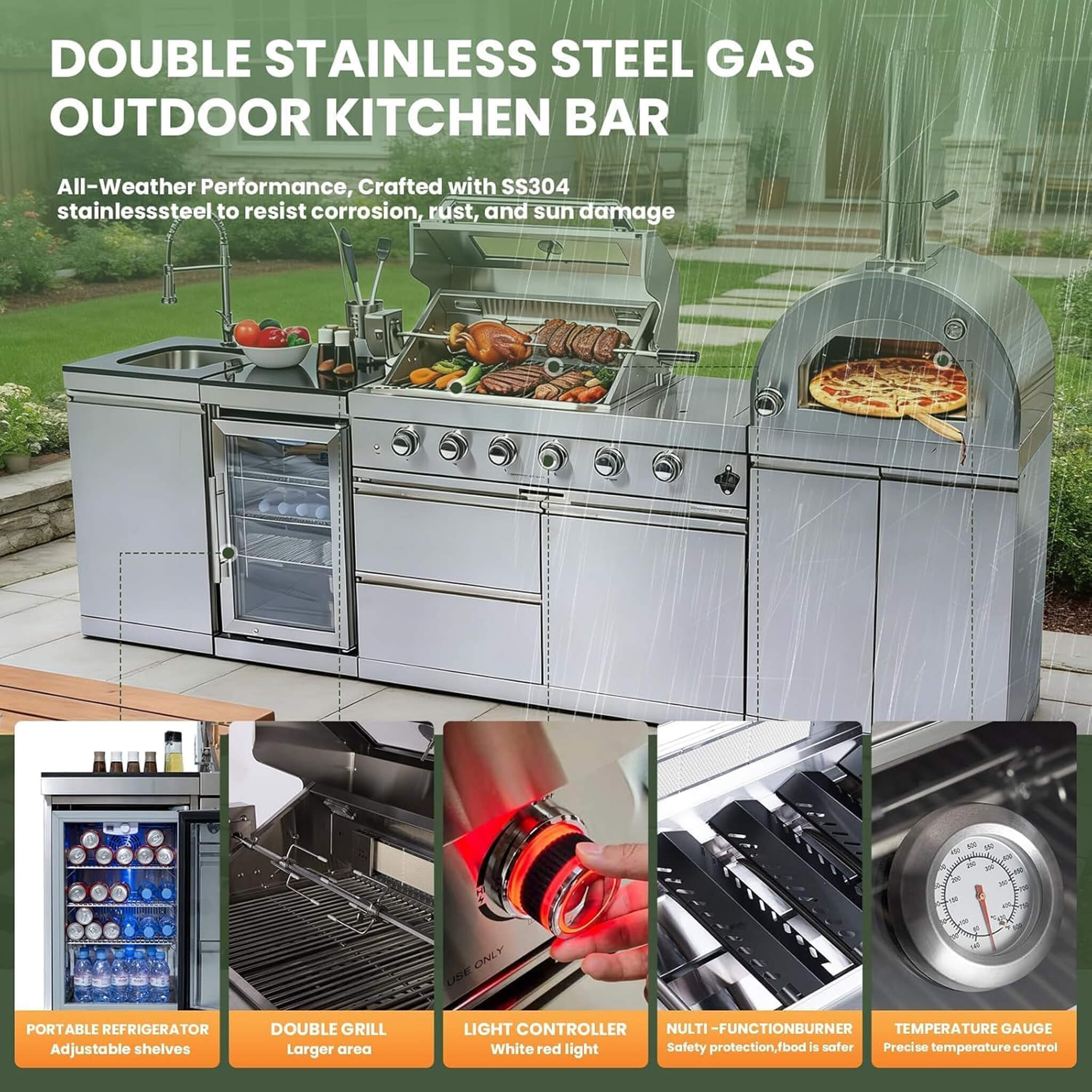 Blazon 112-Inch 4-Burner 108K BTU Outdoor Kitchen Island With Pizza Oven, Rotisserie & Refrigerator (SAK94565)