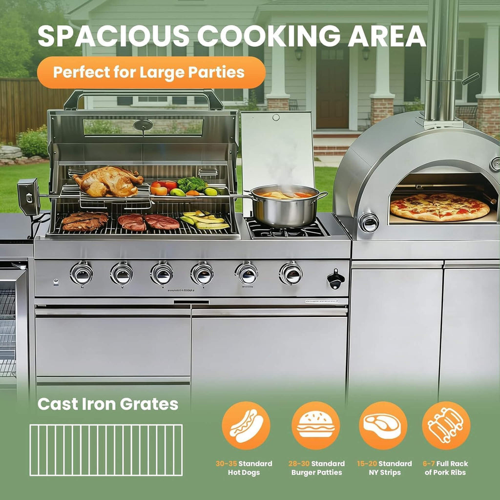 Blazon 112-Inch 4-Burner 108K BTU Outdoor Kitchen Island With Pizza Oven, Rotisserie & Refrigerator (SAK94565)