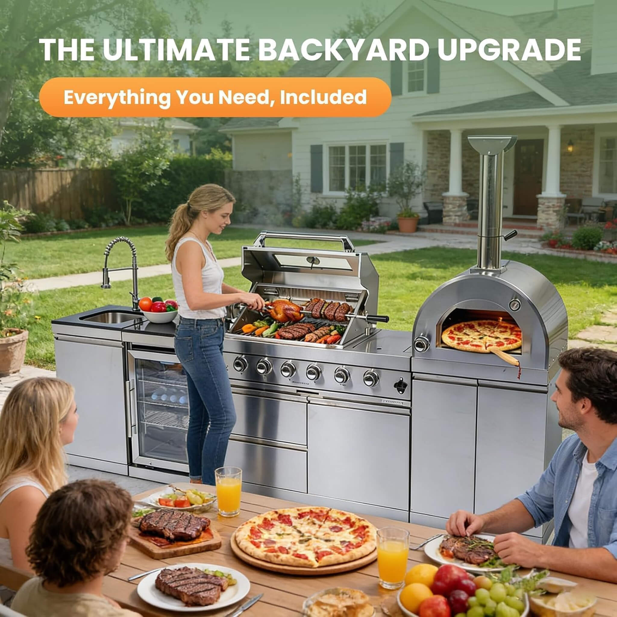 Blazon 112-Inch 4-Burner 108K BTU Outdoor Kitchen Island With Pizza Oven, Rotisserie & Refrigerator (SAK94565)