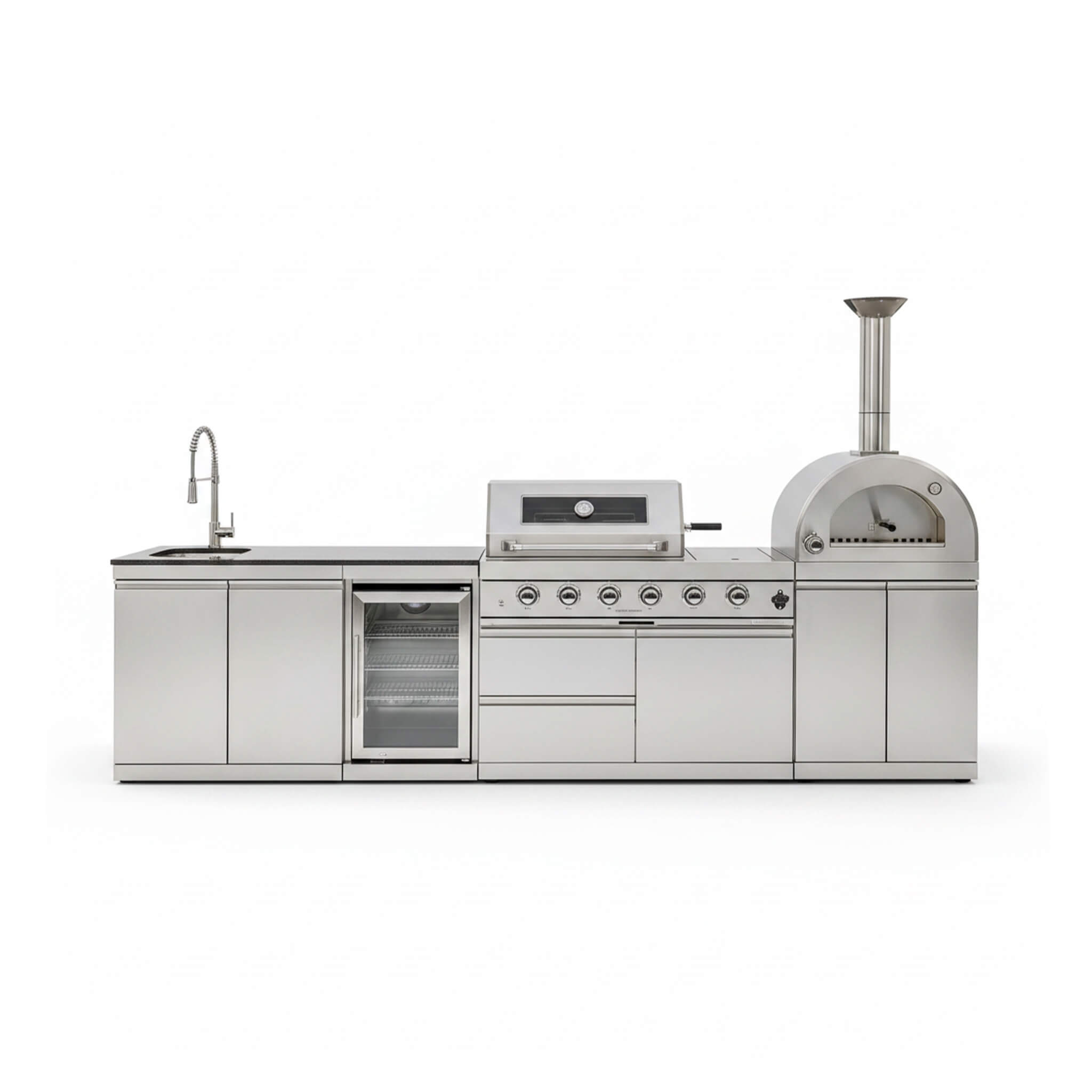 Blazon 125-Inch 4-Burner 108K BTU Outdoor Kitchen Island With Pizza Oven, Rotisserie & Refrigerator (SAK55768)