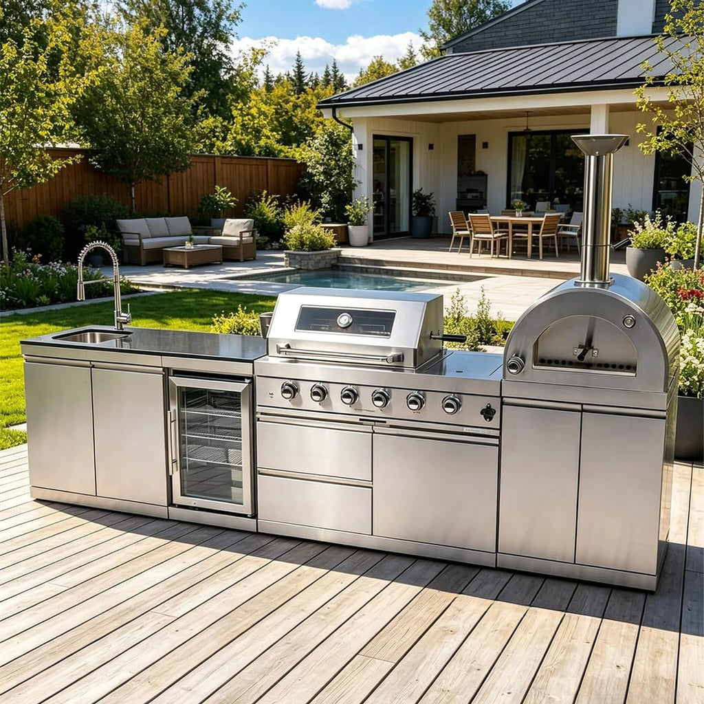 Blazon 125-Inch 4-Burner 108K BTU Outdoor Kitchen Island With Pizza Oven, Rotisserie & Refrigerator (SAK55768)