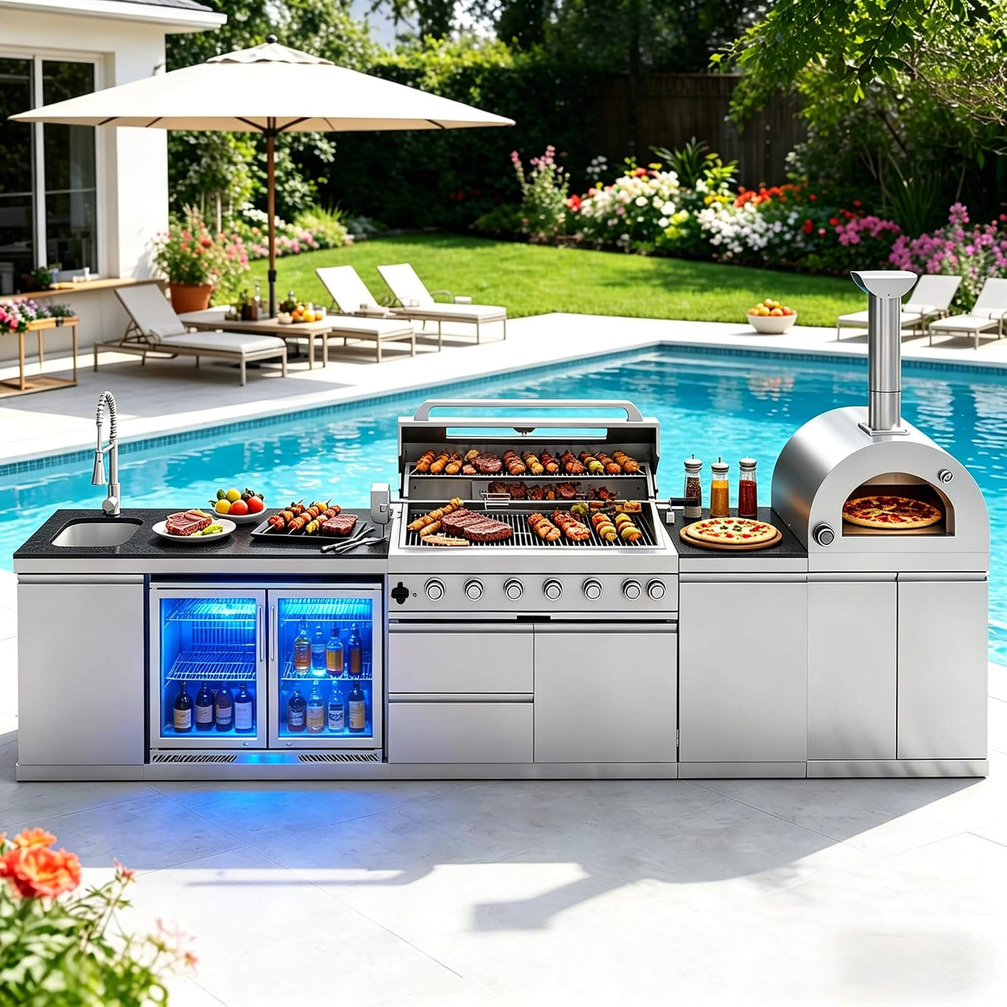 Blazon 147-Inch 6-Burner 120K BTU Outdoor Kitchen Island With Pizza Oven, Rotisserie & Refrigerator (SAK96429)
