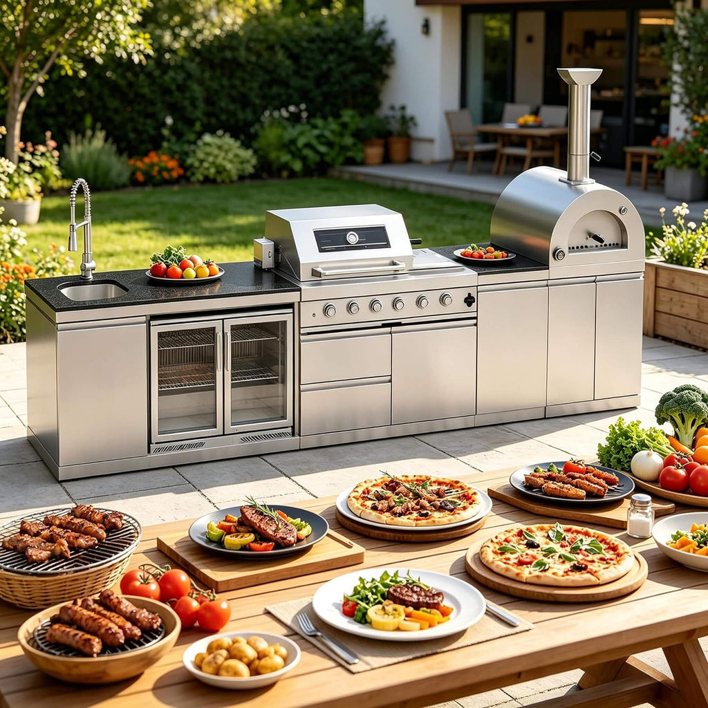 Blazon 150-Inch 4-Burner 108K BTU Outdoor Kitchen Island With Pizza Oven, Rotisserie & Refrigerator (SAK36412)