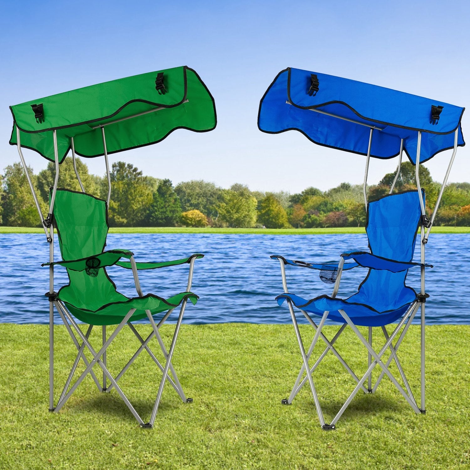 Foldable Beach Canopy Chair with Sun Protection & Cup Holder