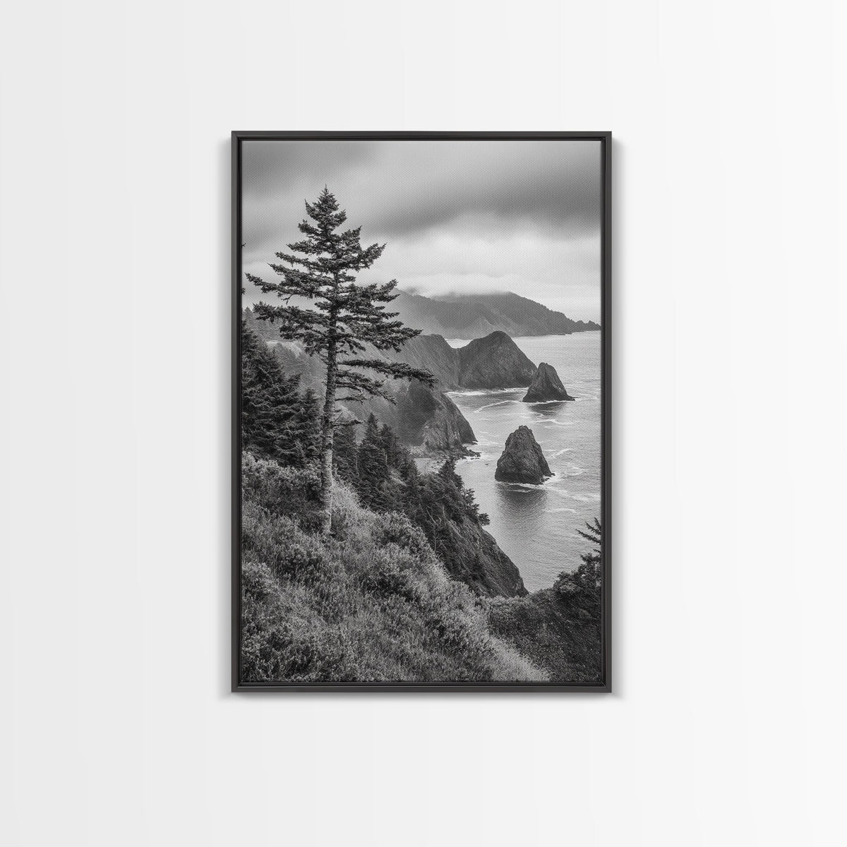 Oregon Coastline Misty Cliffs & Evergreen Forest Canvas Print