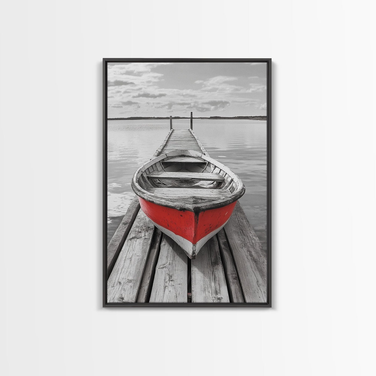 Red Rowboat Dock Minimalist Lake Scene Canvas Print