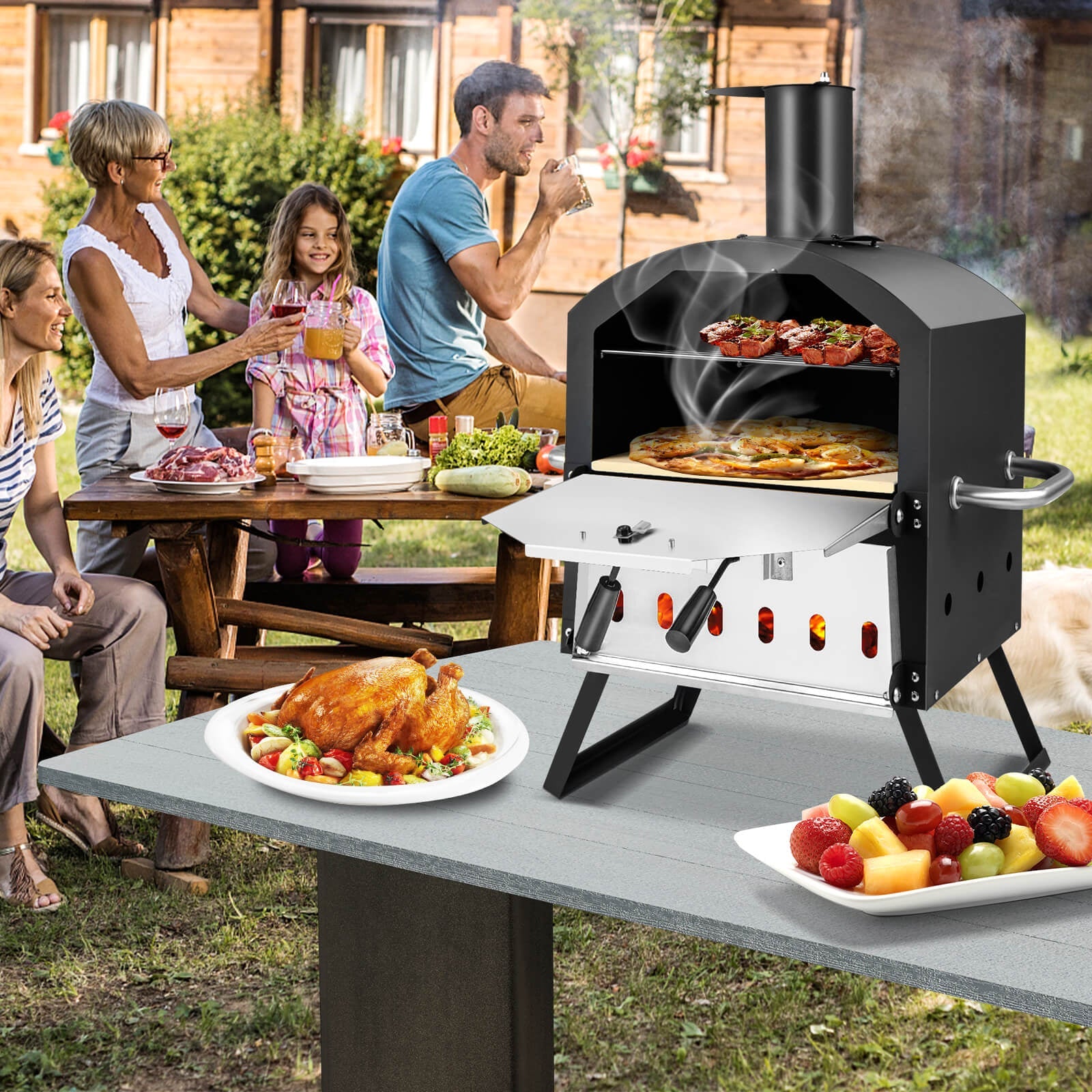 Outdoor Pizza Oven with Anti-Scalding Handles & Foldable Legs – Black