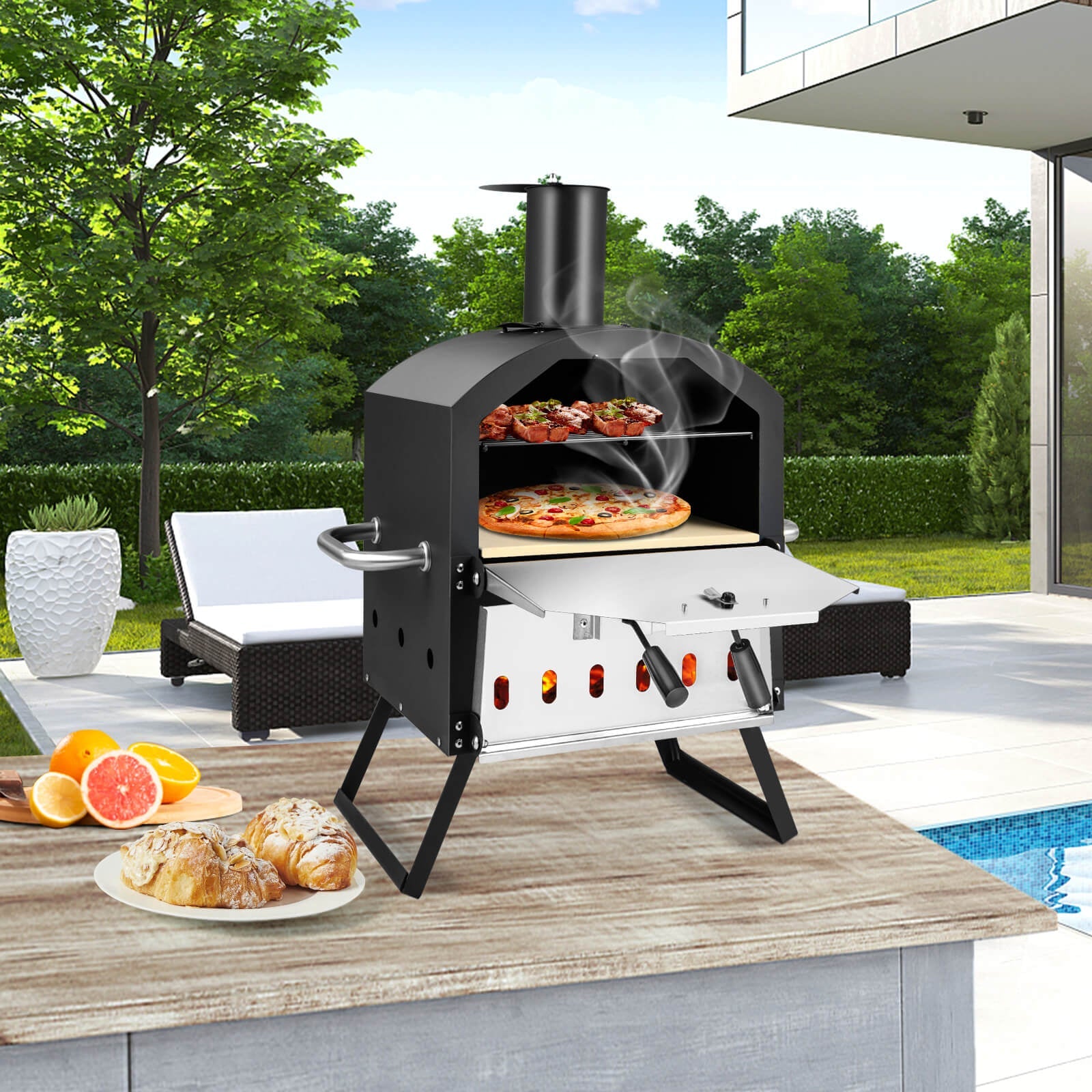 Outdoor Pizza Oven with Anti-Scalding Handles & Foldable Legs – Black