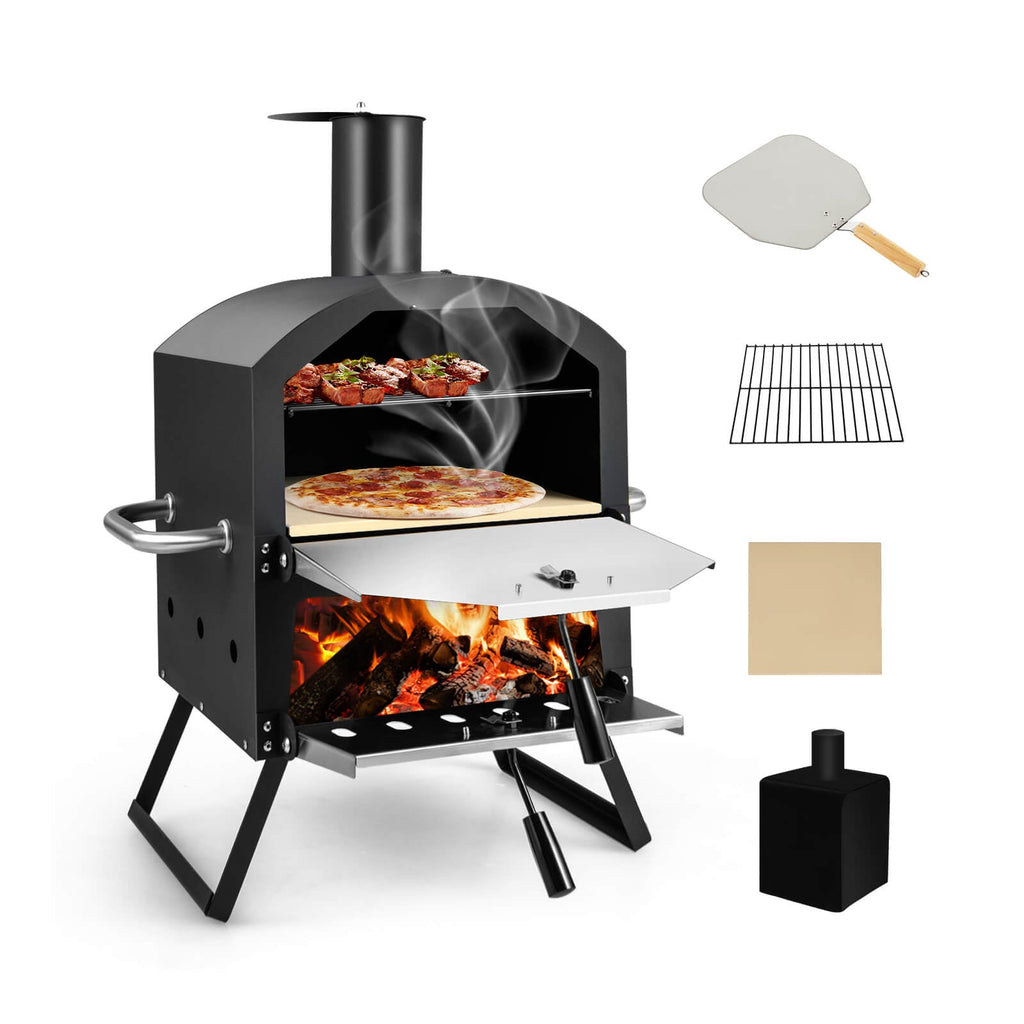 Outdoor Pizza Oven with Anti-Scalding Handles & Foldable Legs – Black