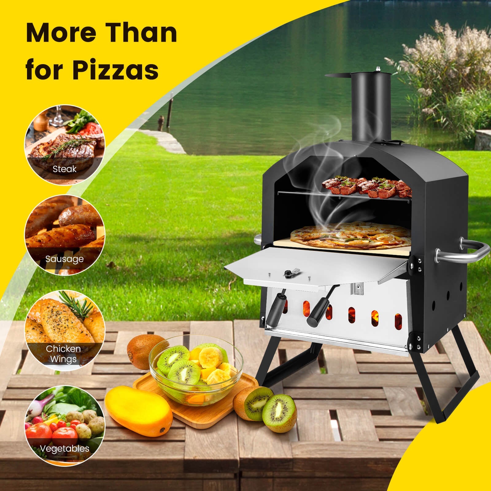 Outdoor Pizza Oven with Anti-Scalding Handles & Foldable Legs – Black