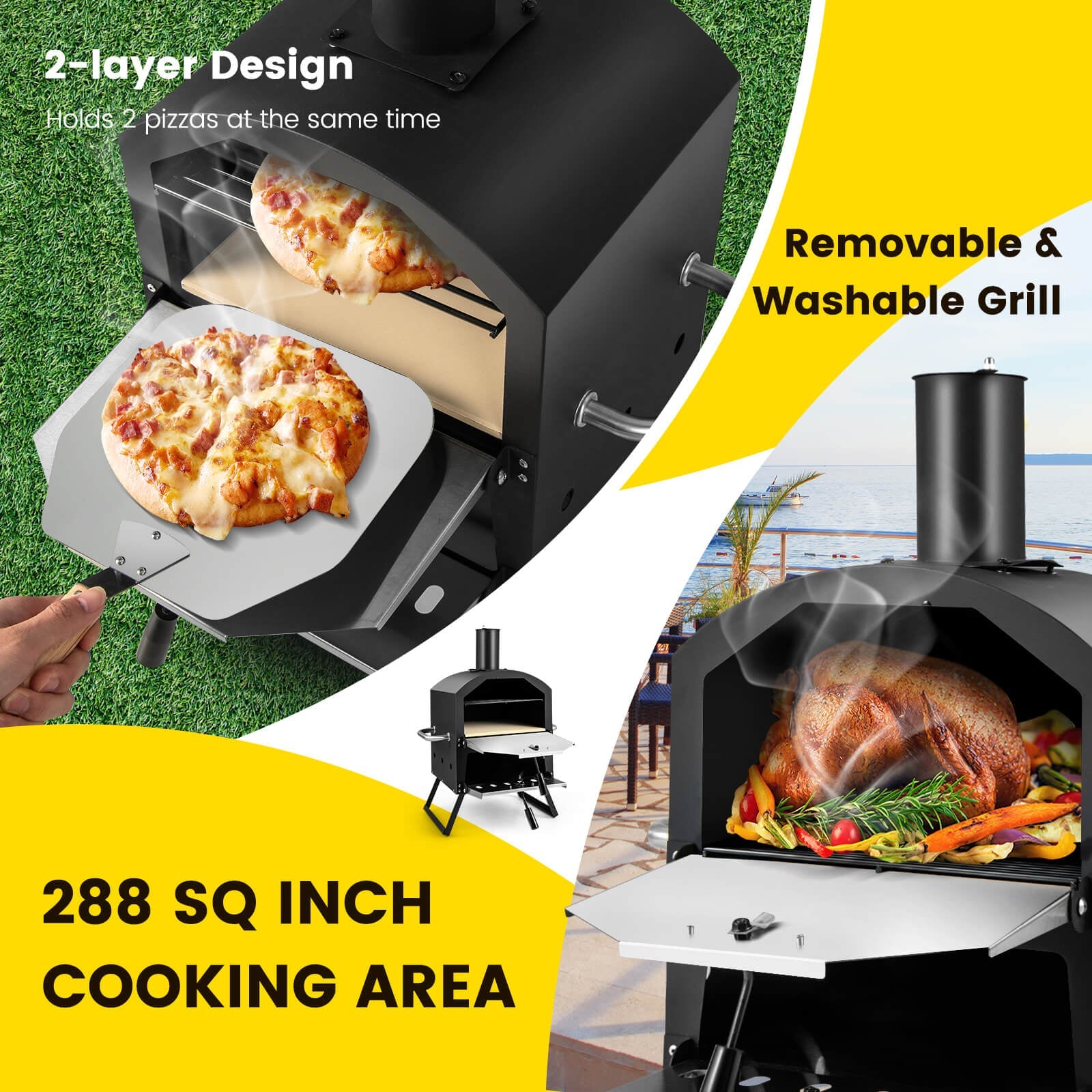 Outdoor Pizza Oven with Anti-Scalding Handles & Foldable Legs – Black