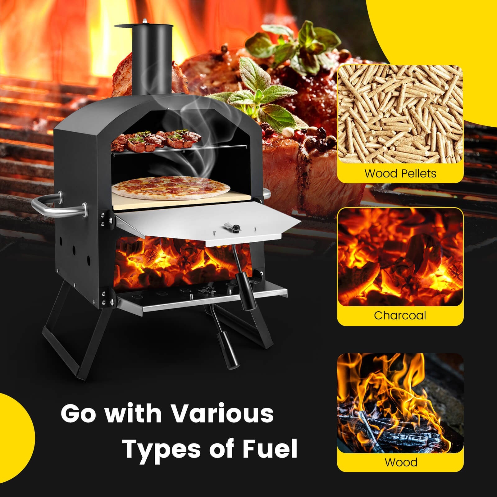 Outdoor Pizza Oven with Anti-Scalding Handles & Foldable Legs – Black