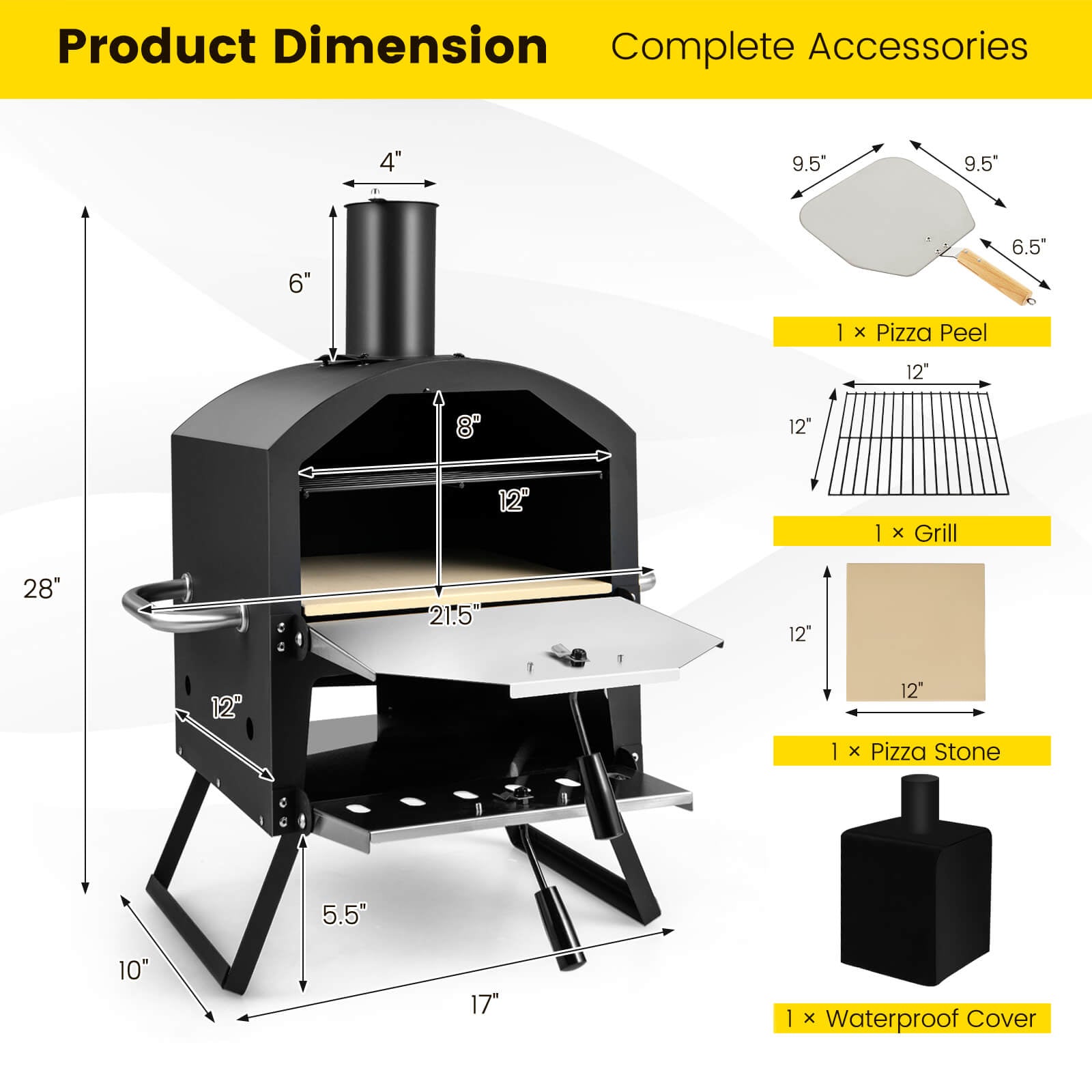 Outdoor Pizza Oven with Anti-Scalding Handles & Foldable Legs – Black