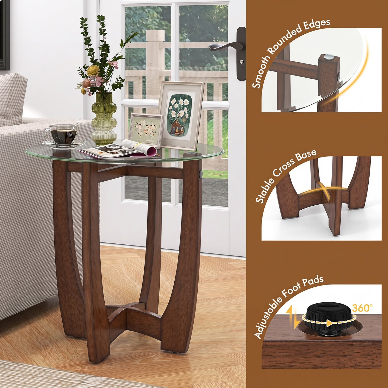 Round End Table Set of 2 with Tempered Glass Top