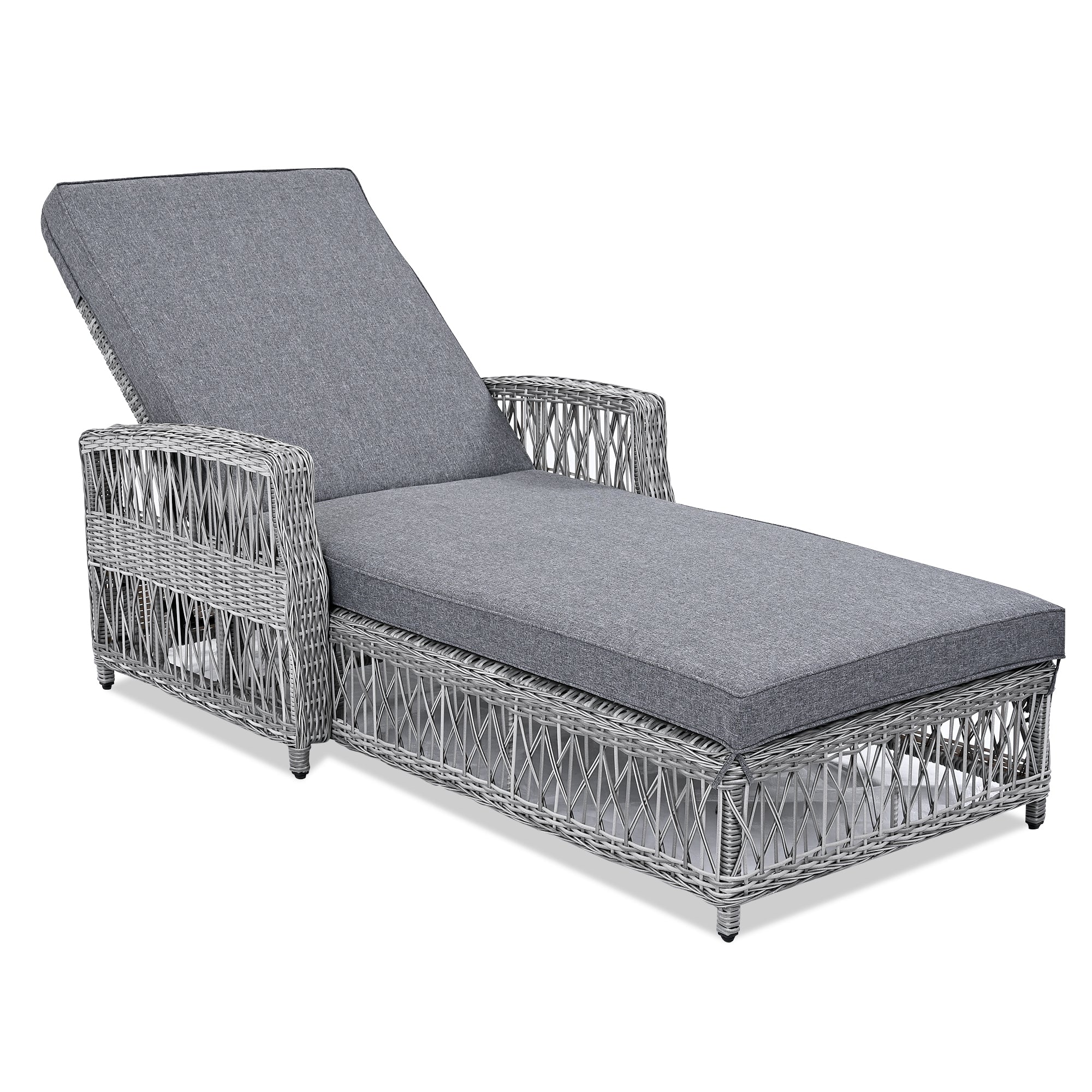 2 Pieces Long Reclining Chaise, Outdoor Wicker Lounge with Armrests, Patio