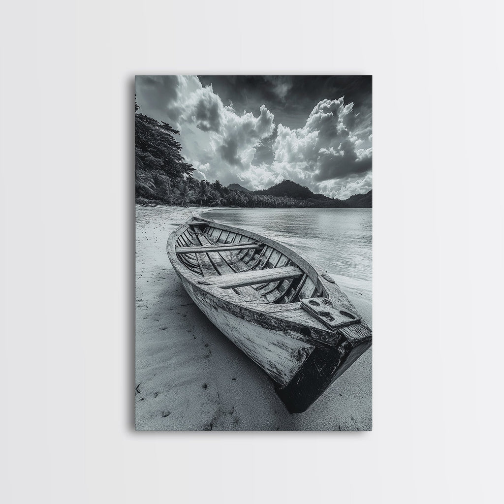 Abandoned Rowboat Coastal Black & White Canvas Print