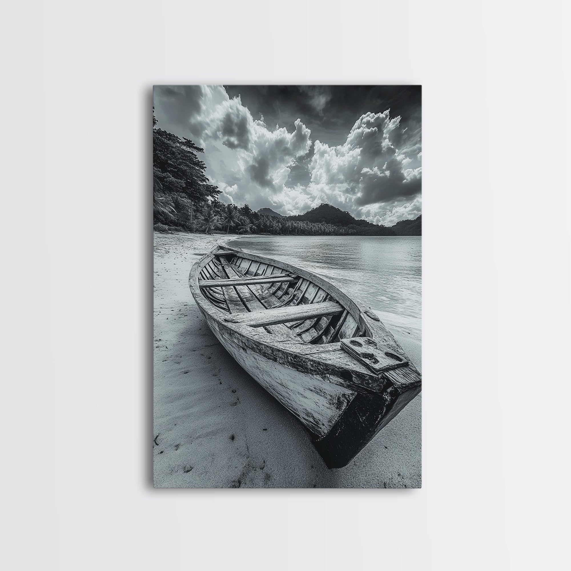 Abandoned Rowboat Coastal Black & White Canvas Print