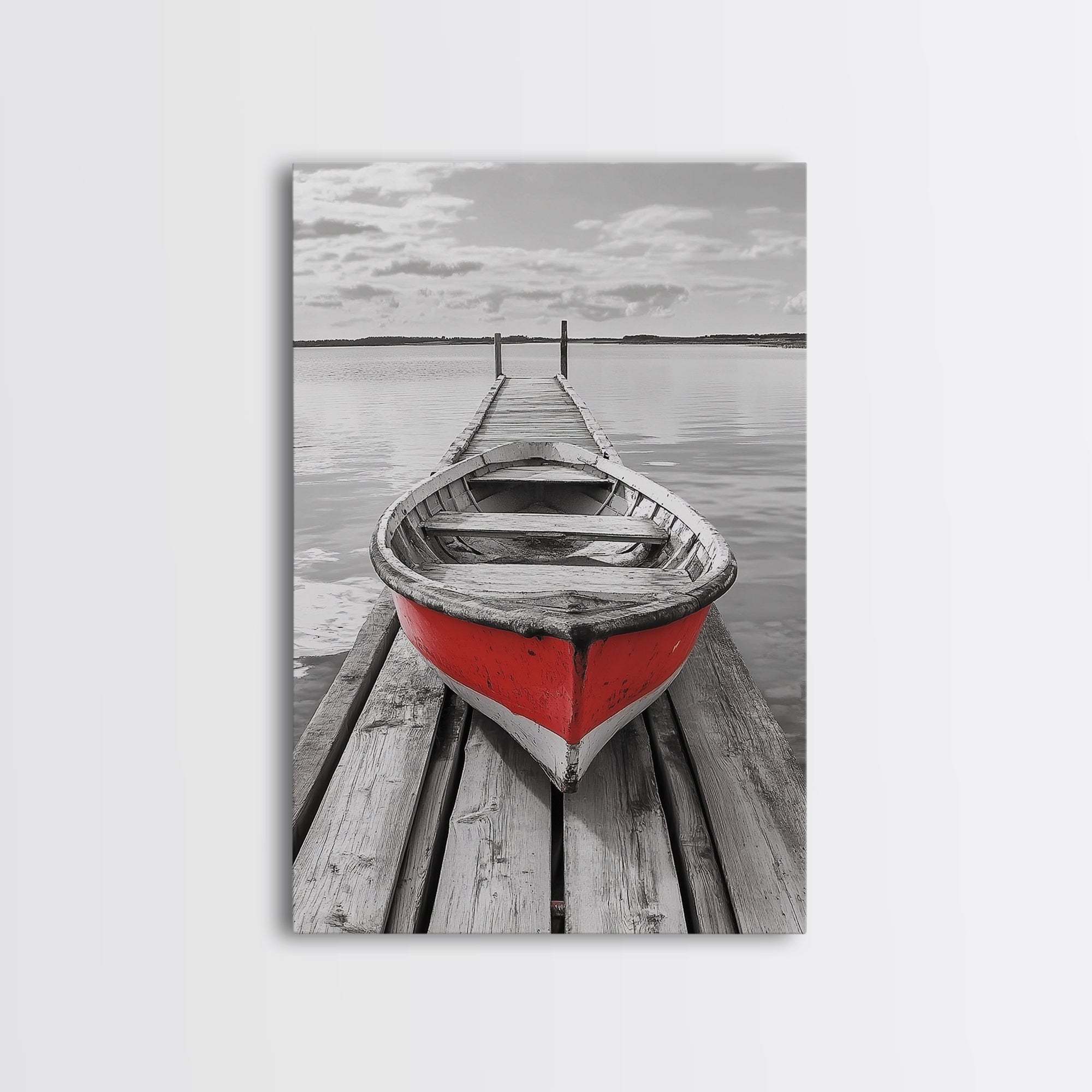Red Rowboat Dock Minimalist Lake Scene Canvas Print
