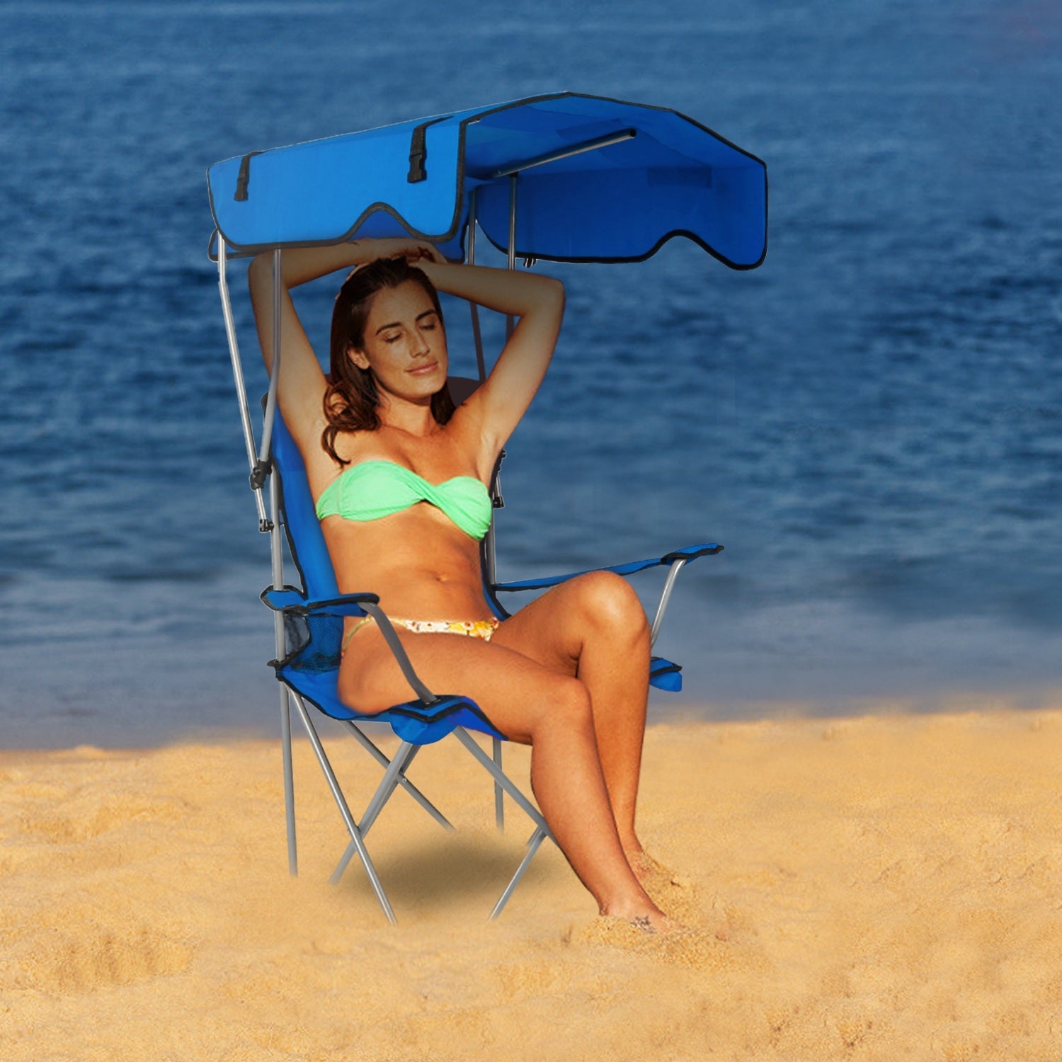 Foldable Beach Canopy Chair with Sun Protection & Cup Holder