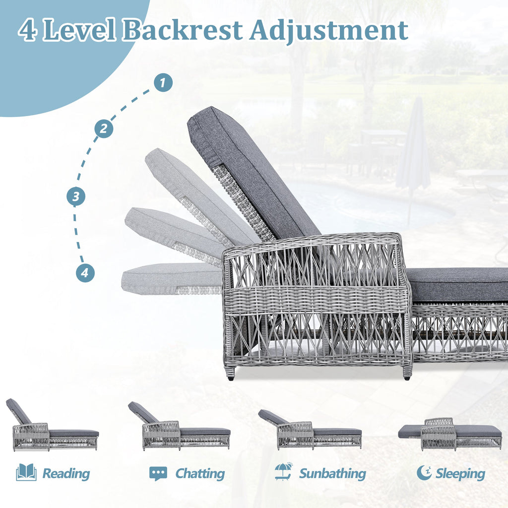 2 Pieces Long Reclining Chaise, Outdoor Wicker Lounge with Armrests, Patio