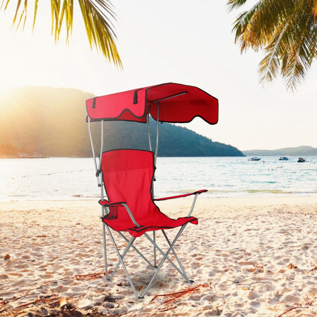 Foldable Beach Canopy Chair with Sun Protection & Cup Holder
