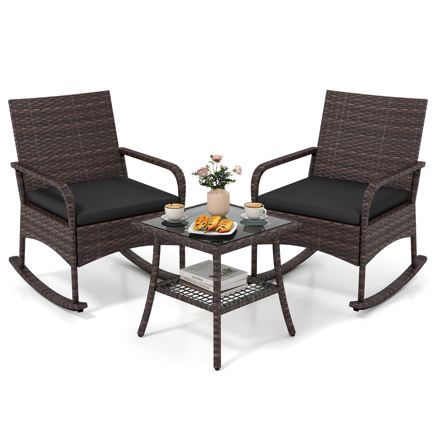 3-Piece Rocking Bistro Set with Cushions & Side Table