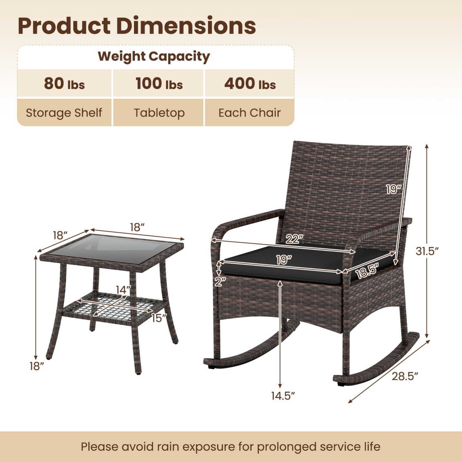 3-Piece Rocking Bistro Set with Cushions & Side Table