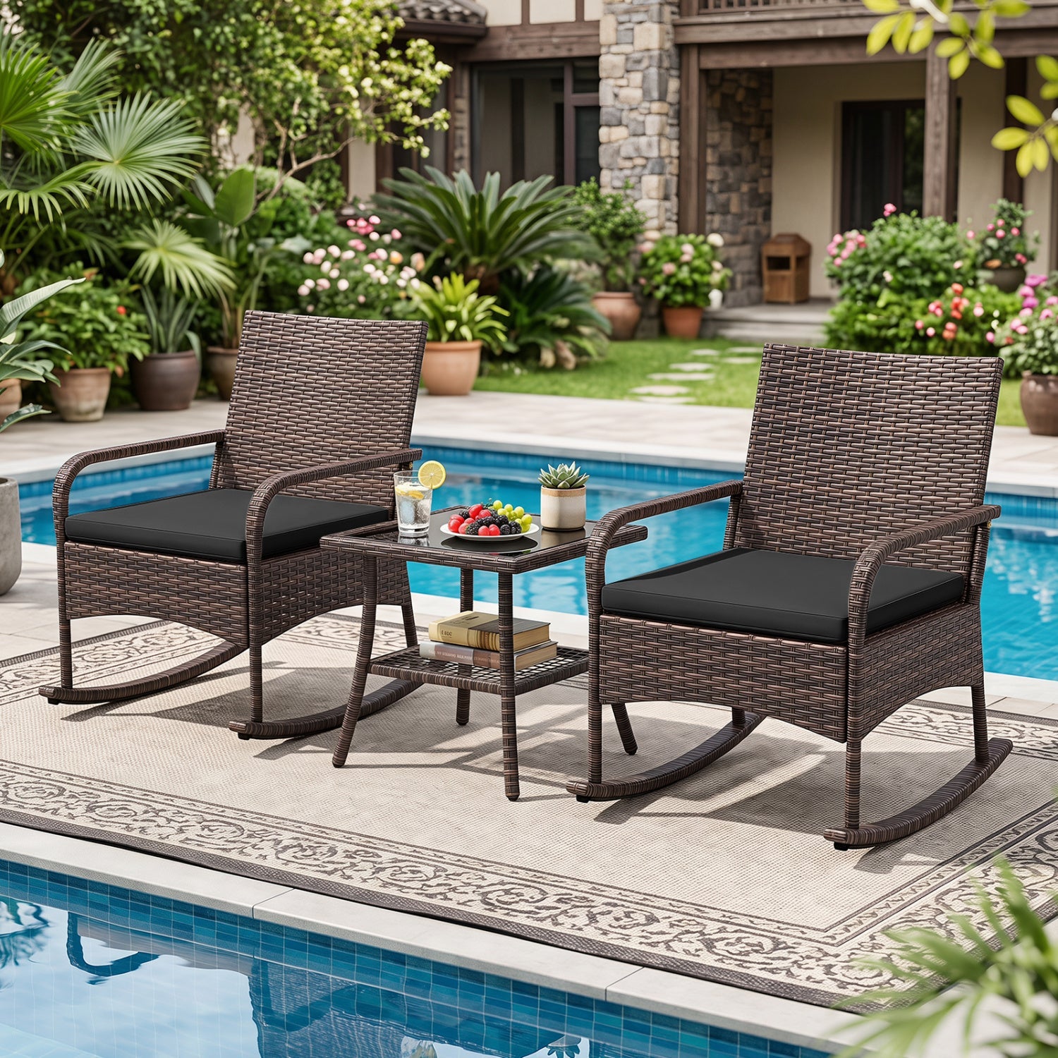 3-Piece Rocking Bistro Set with Cushions & Side Table