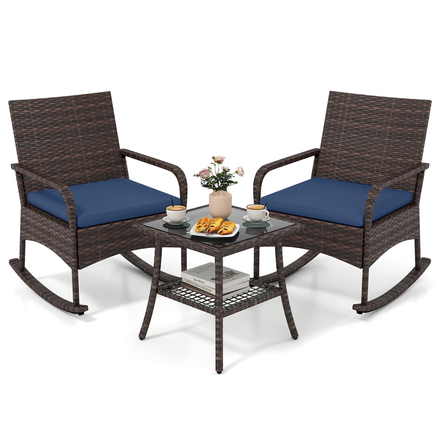 3-Piece Rocking Bistro Set with Cushions & Side Table