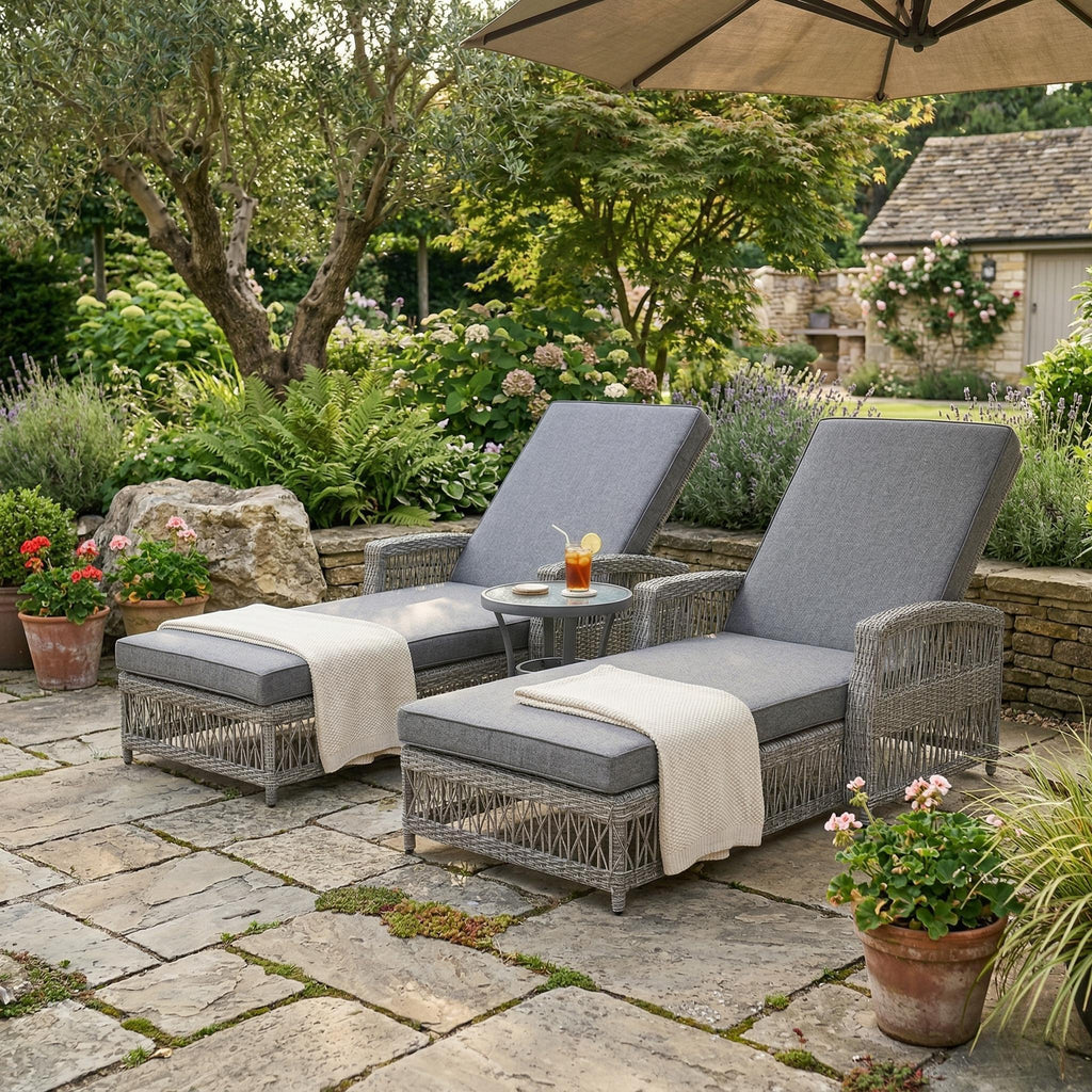 2 Pieces Long Reclining Chaise, Outdoor Wicker Lounge with Armrests, Patio
