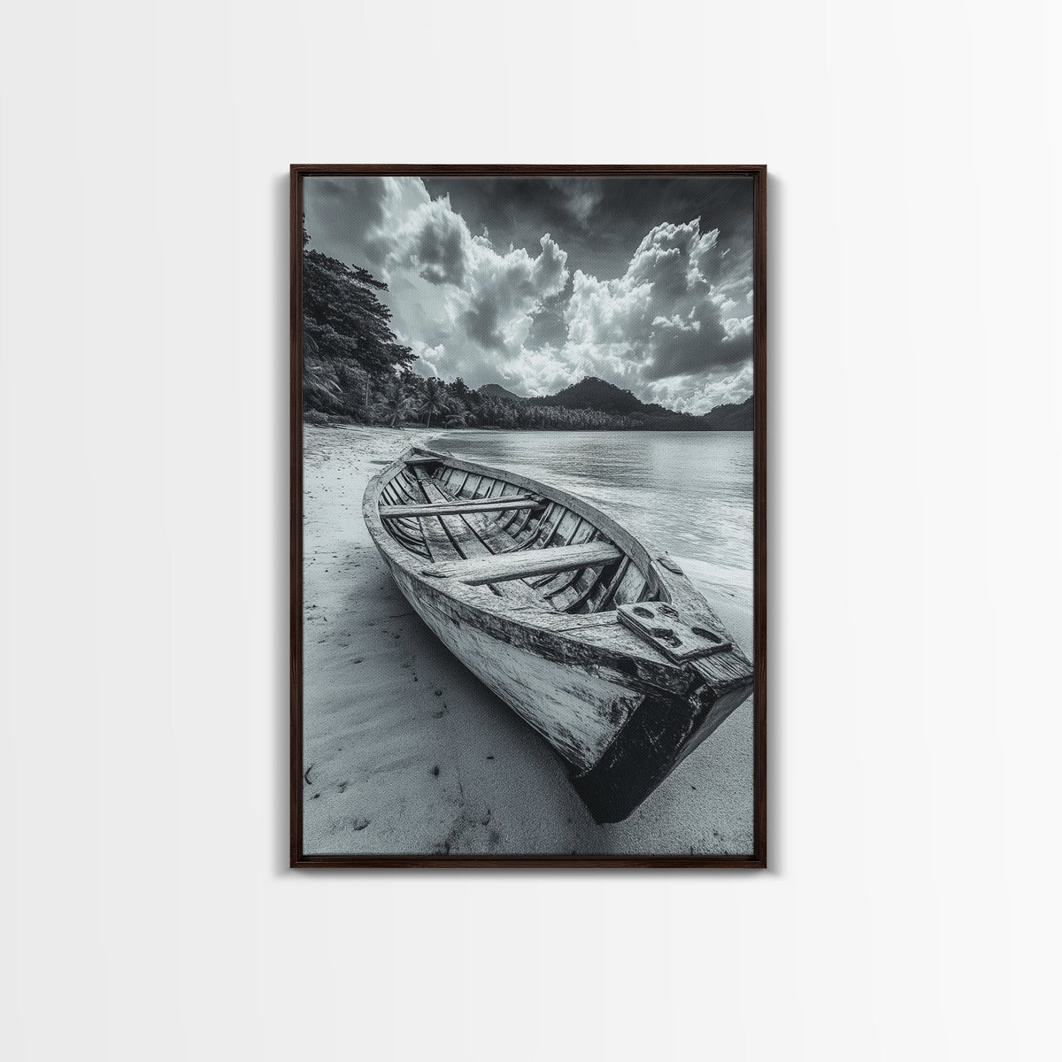 Abandoned Rowboat Coastal Black & White Canvas Print