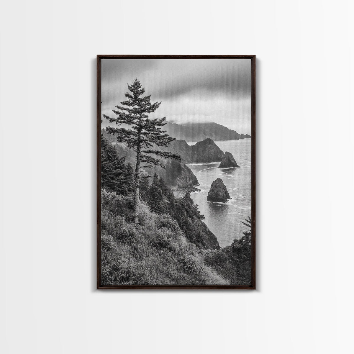 Oregon Coastline Misty Cliffs & Evergreen Forest Canvas Print
