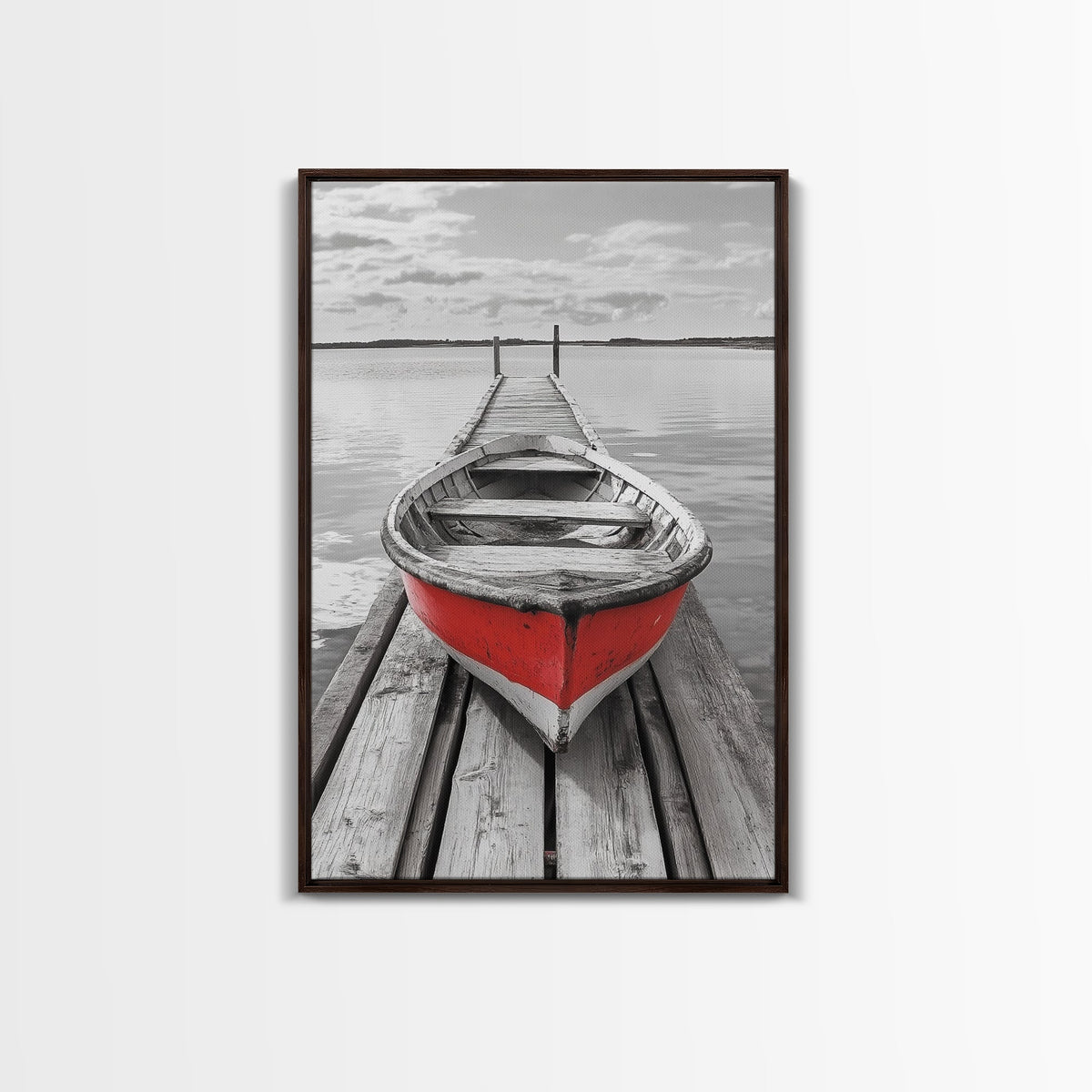 Red Rowboat Dock Minimalist Lake Scene Canvas Print