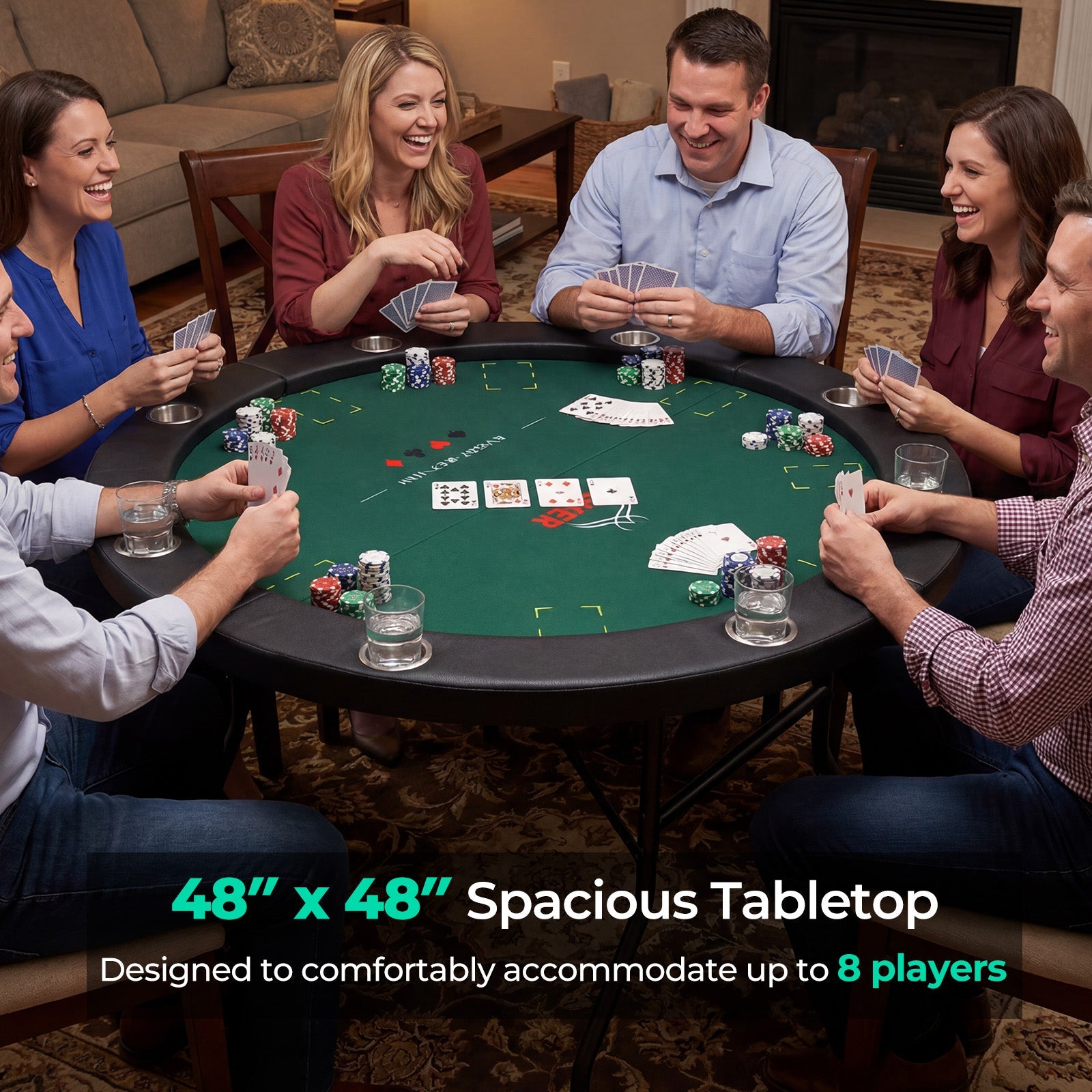 48 Inch Foldable Poker Table with 8 Cup Holders and Padded Edges