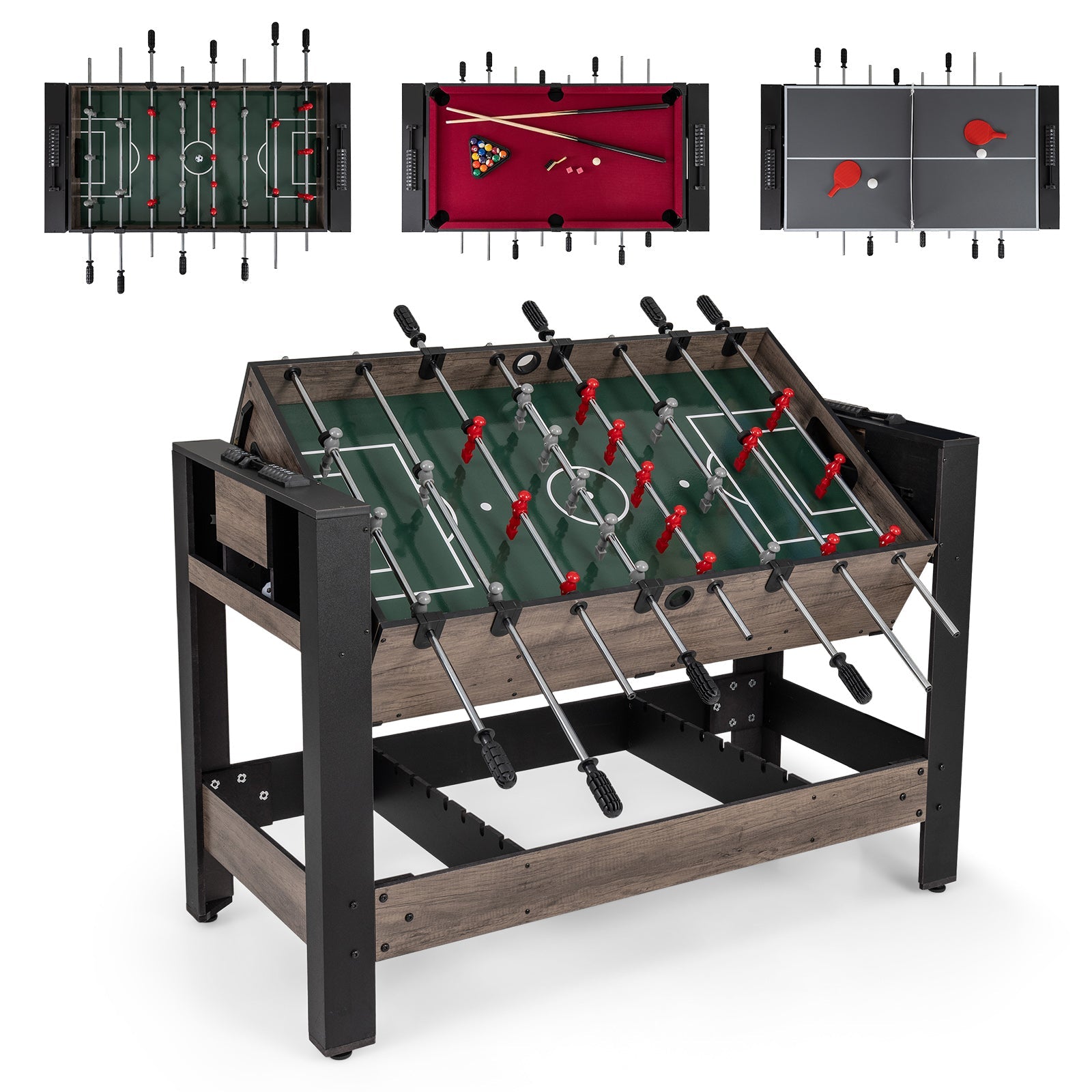 49" 3-in-1 Combo Game Table – Pool, Foosball & Table Tennis (Brown)