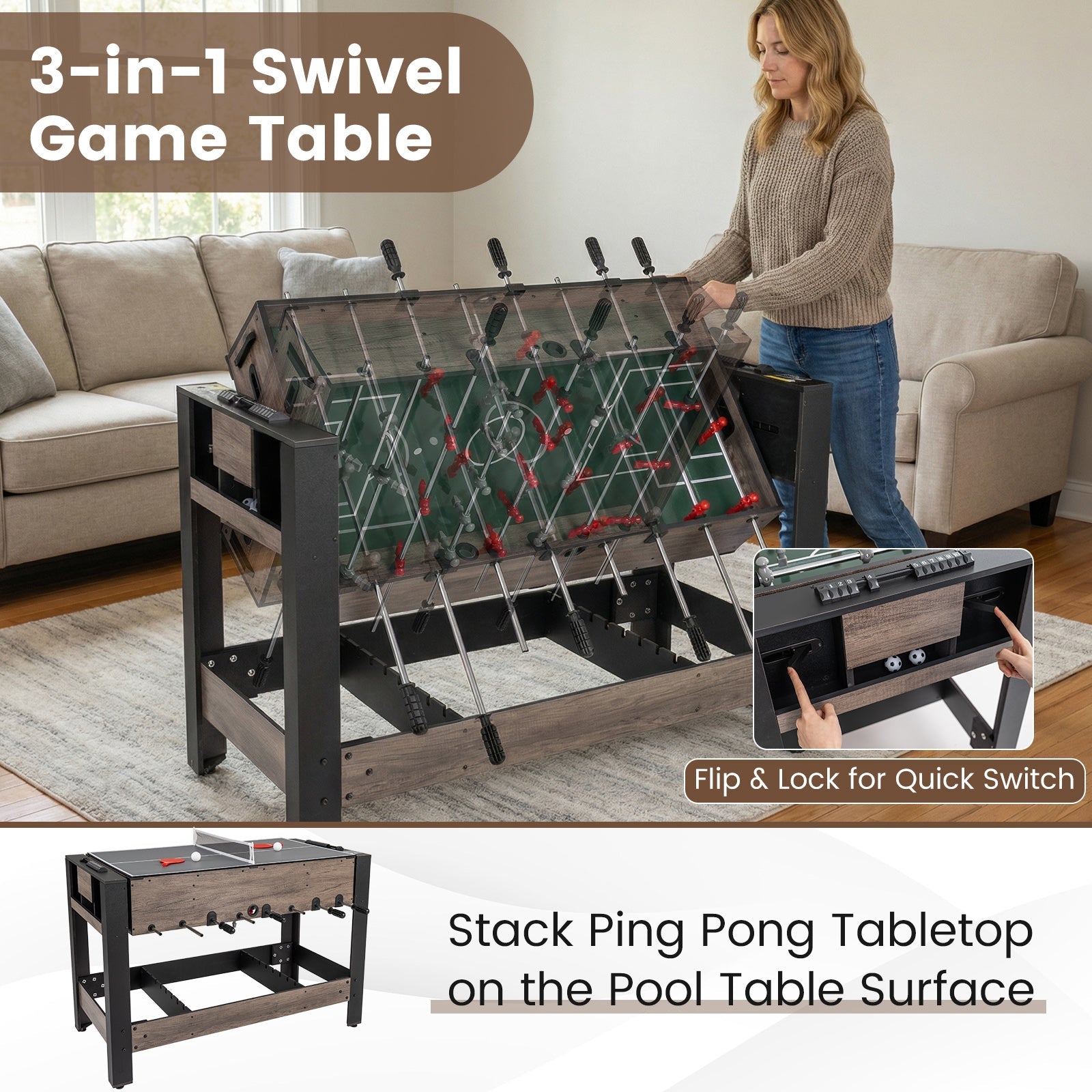 49" 3-in-1 Combo Game Table – Pool, Foosball & Table Tennis (Brown)