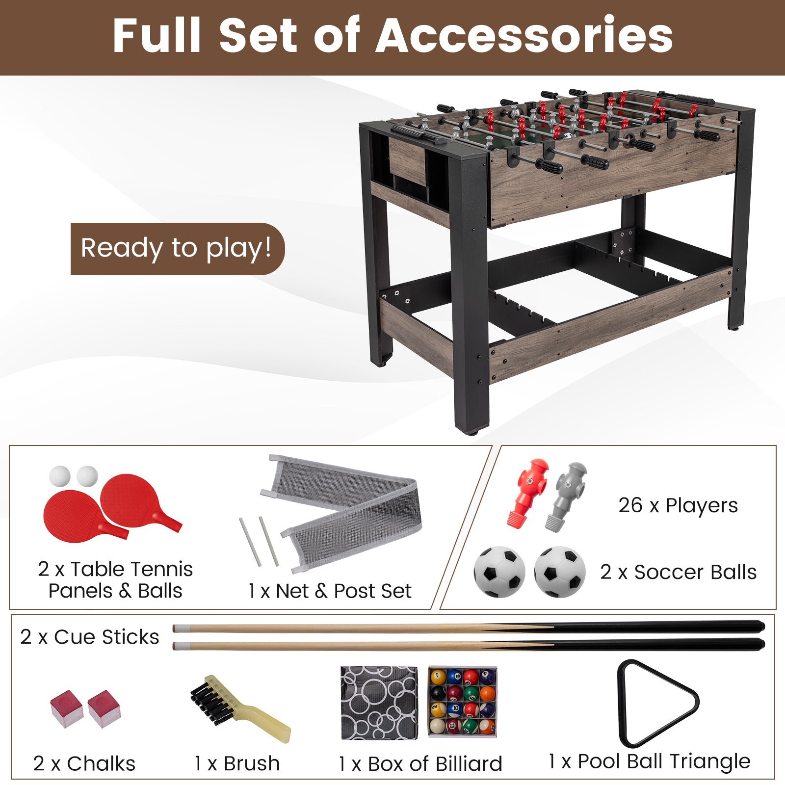 49" 3-in-1 Combo Game Table – Pool, Foosball & Table Tennis (Brown)