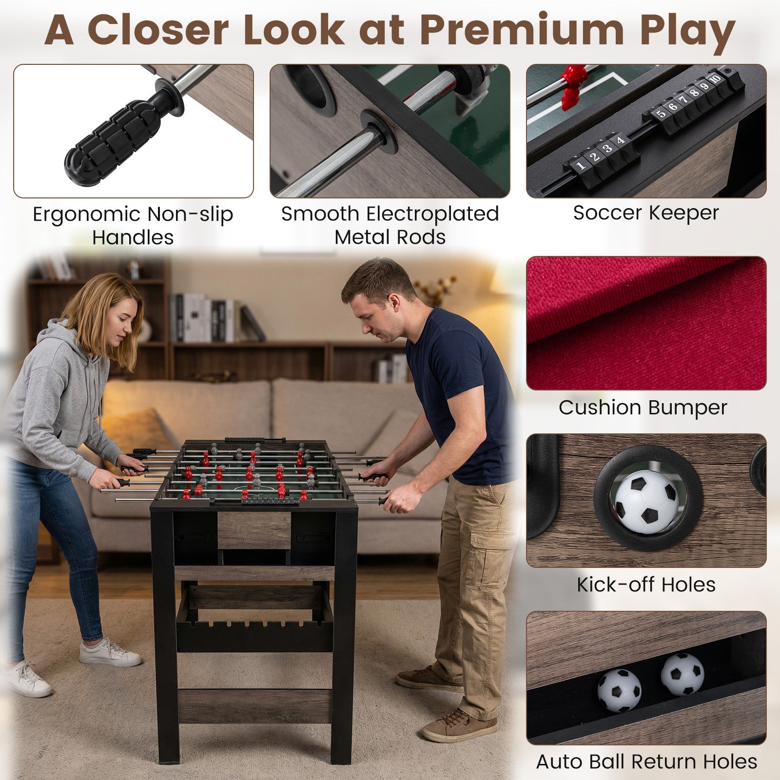 49" 3-in-1 Combo Game Table – Pool, Foosball & Table Tennis (Brown)