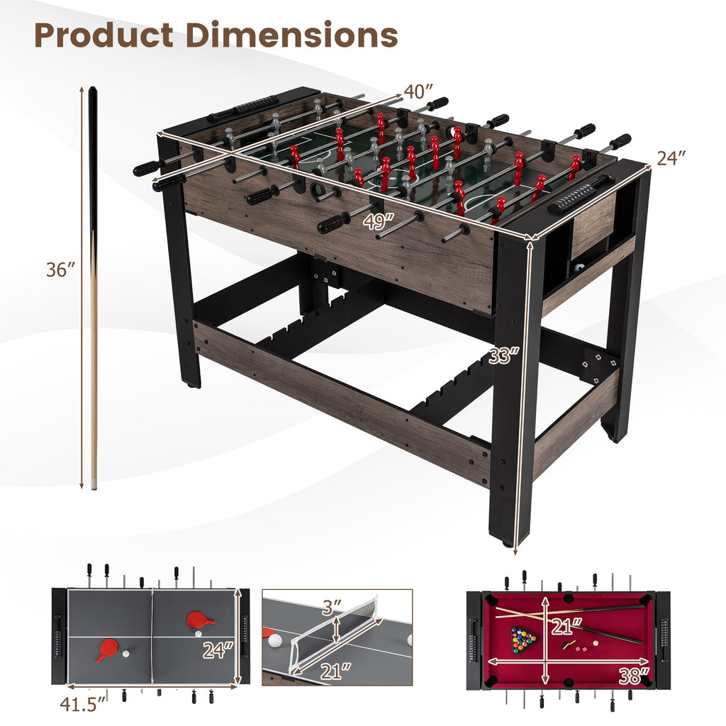 49" 3-in-1 Combo Game Table – Pool, Foosball & Table Tennis (Brown)