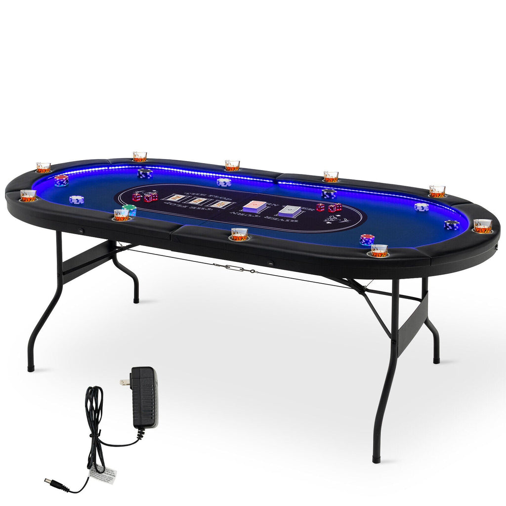 Foldable 10-Player Poker Table with LED Lights & USB Ports