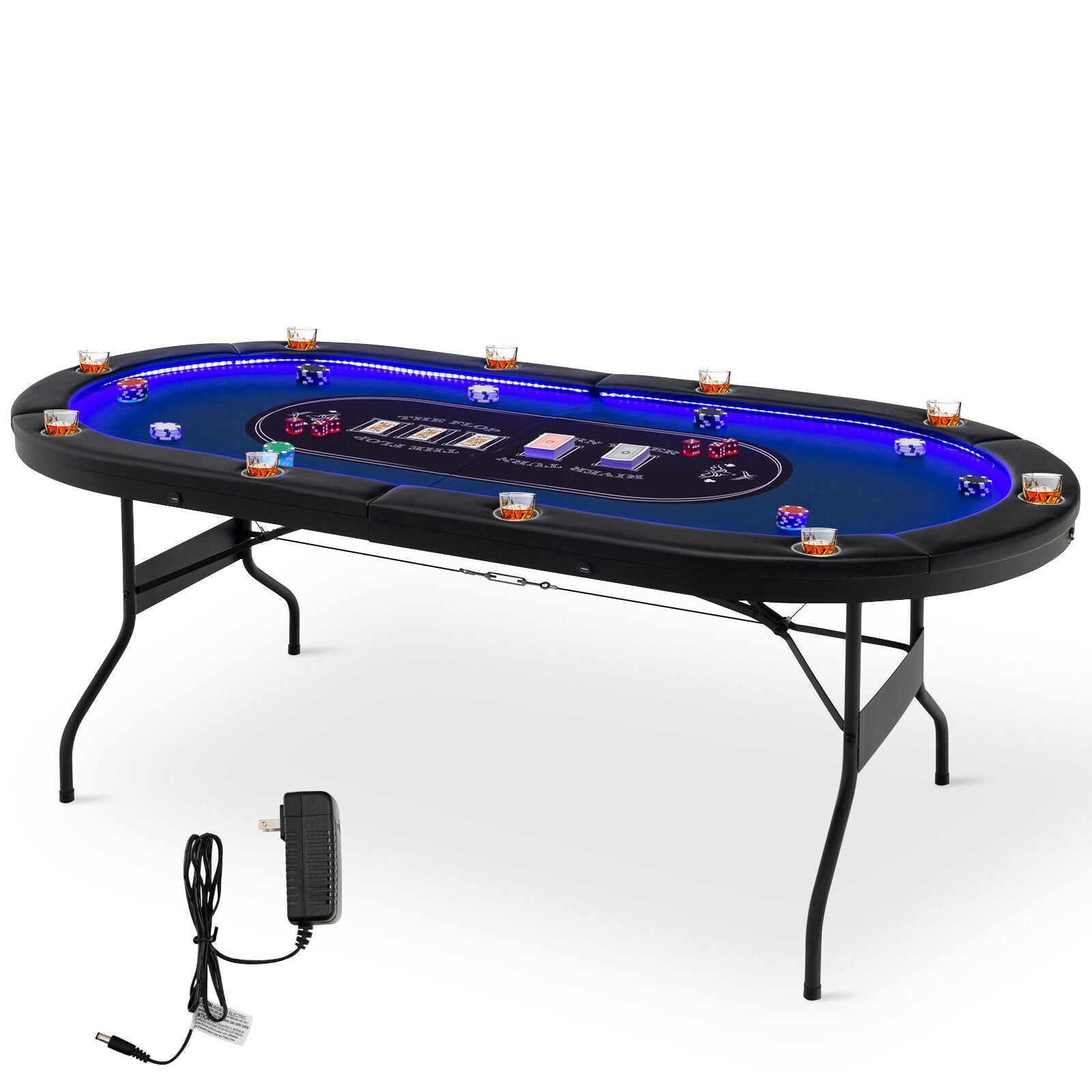 Foldable 10-Player Poker Table with LED Lights & USB Ports