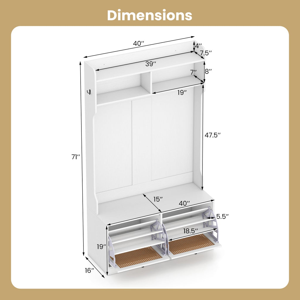 4-In-1 Hall Tree with Coat Rack and Flip Drawers for Entryway Mudroom