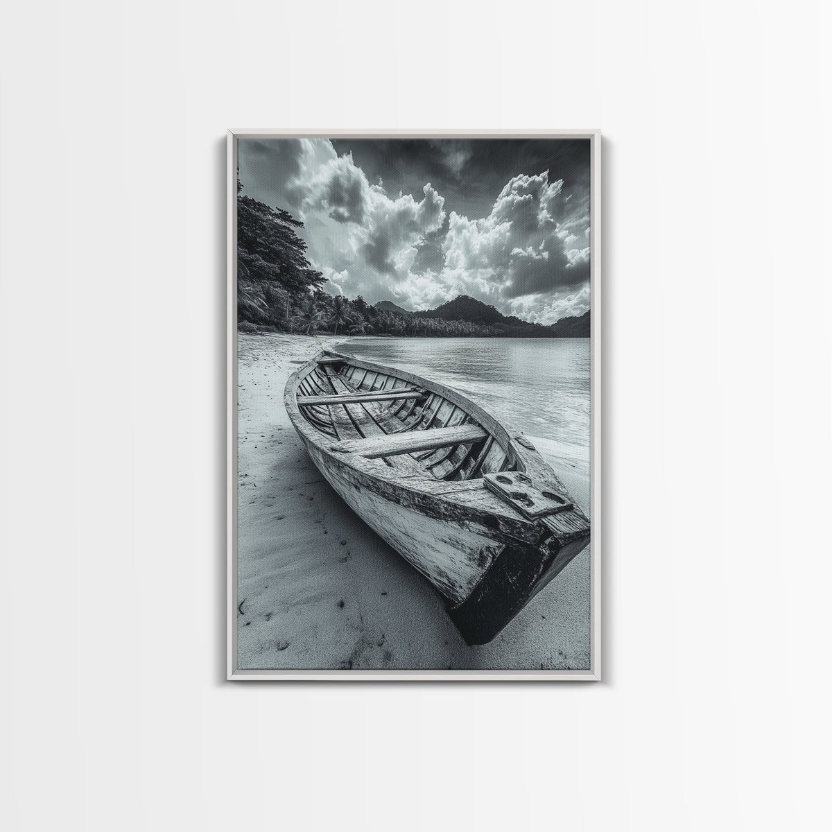 Abandoned Rowboat Coastal Black & White Canvas Print