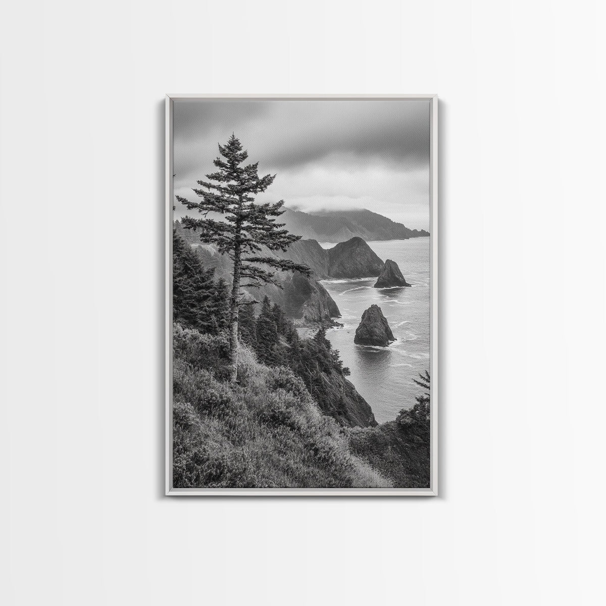 Oregon Coastline Misty Cliffs & Evergreen Forest Canvas Print