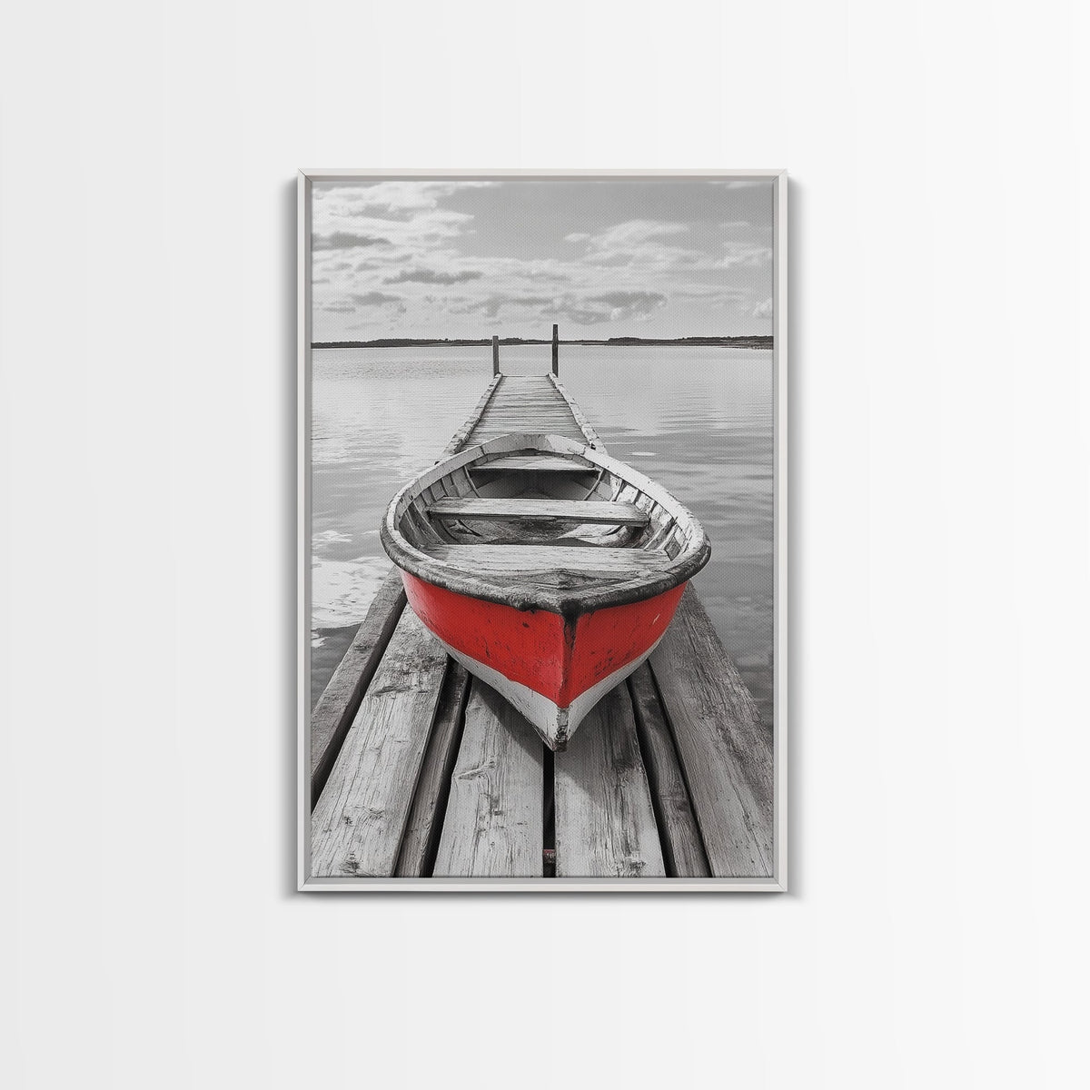 Red Rowboat Dock Minimalist Lake Scene Canvas Print